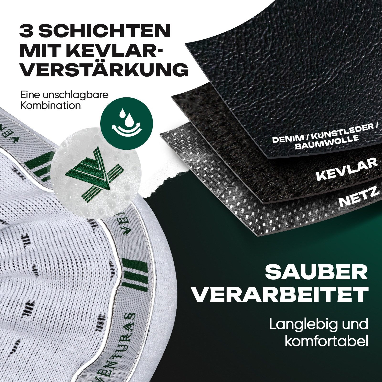Venturas Motorradjacke 100 % Kevlar, 5 Schutzprotektoren, auch für Freizeit schwarz & weiß 100% hochwertiges Kevlar, 5 Schutzprotektoren, reflektierend bei Nacht