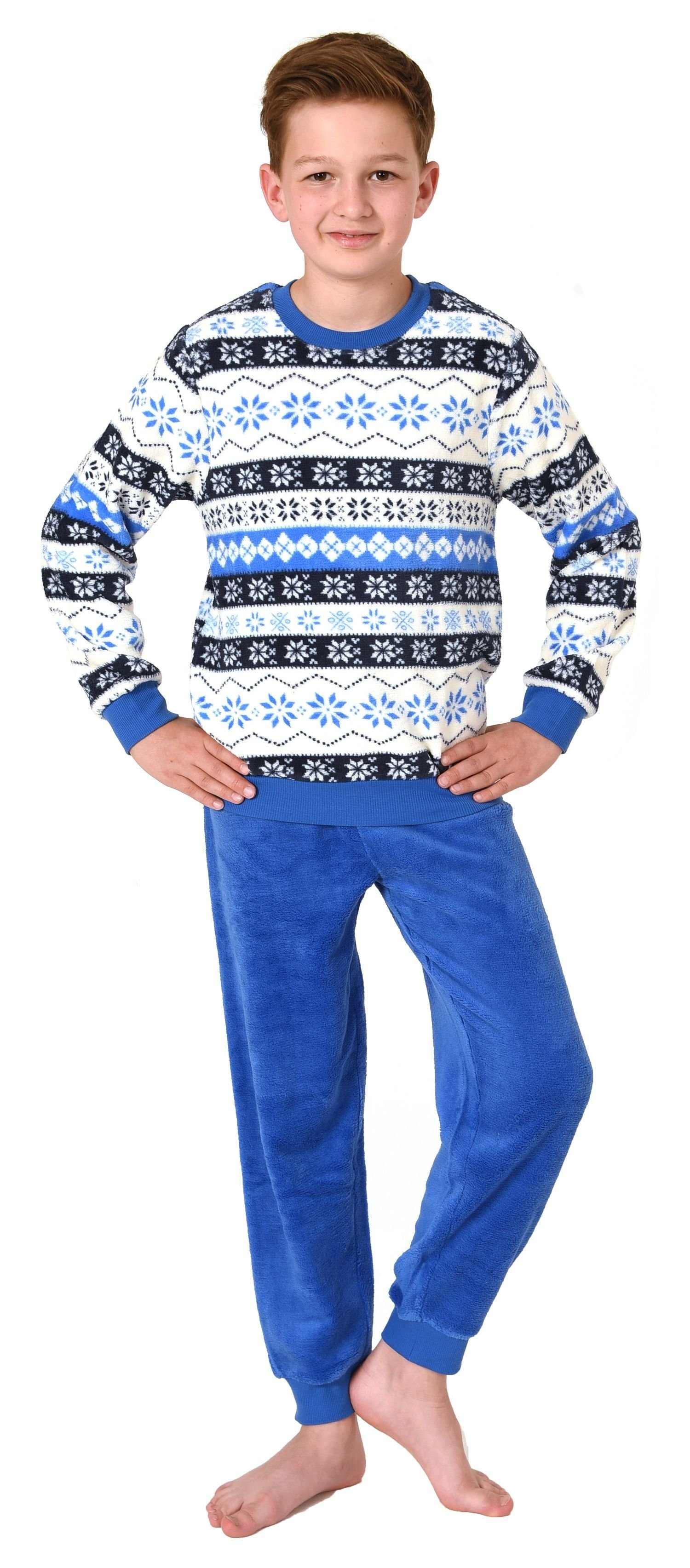 Bündchen Look Norweger Normann Pyjama Schlafanzug mit langarm Kinder Coralfleece aus blau