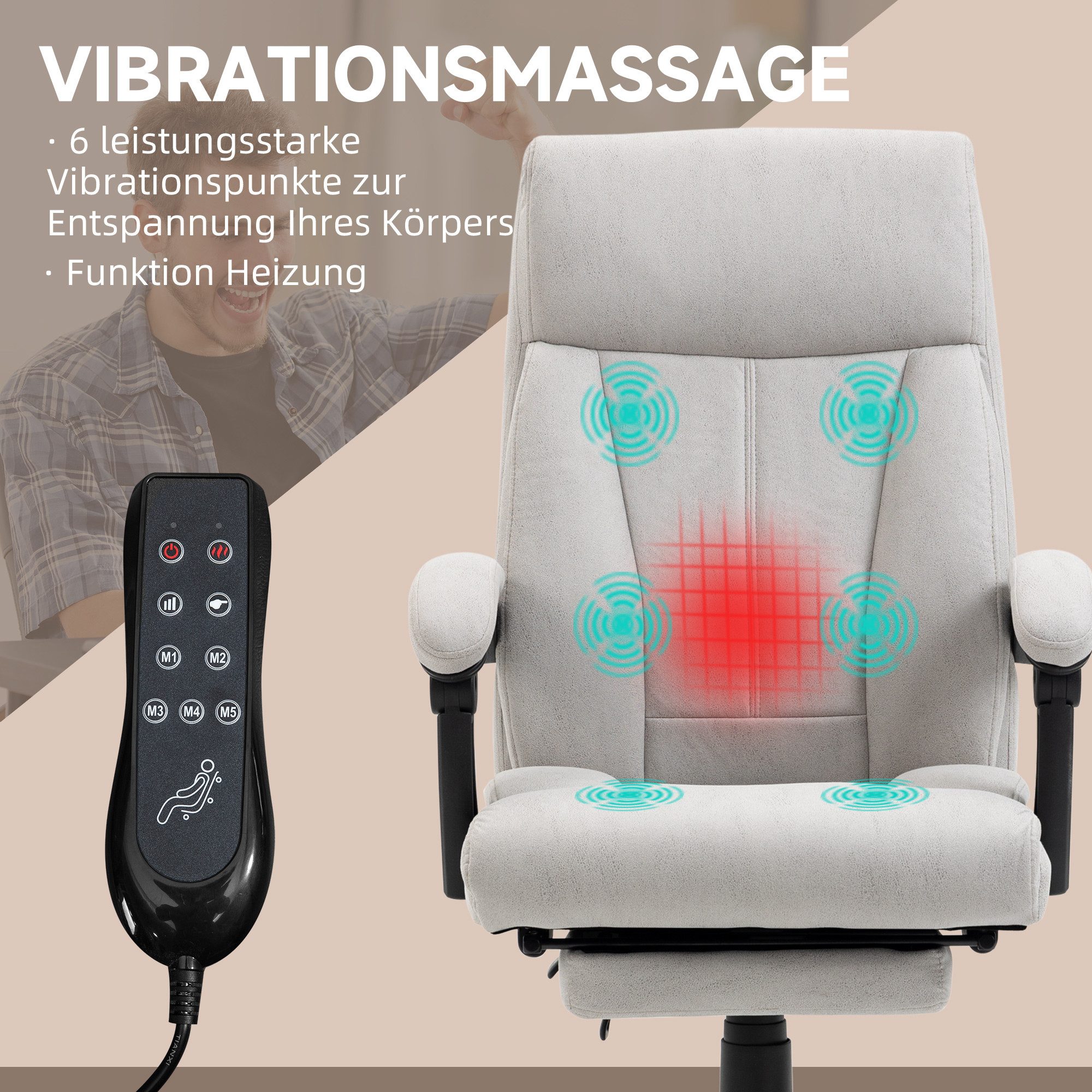 Vinsetto Schreibtischstuhl Bürostuhl mit Wippfunktion, Massagesessel (Chefsessel, 1 St), 120 kg Belastbar, Hellgrau – Bild 4 von 5
