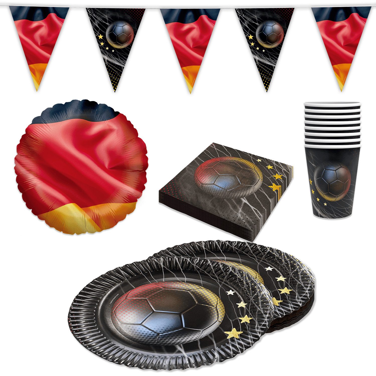 Party Factory Dekoteller Fußball WM Partyset-2 Deutschland 47-tlg. Geschirr Wimpelkette Ballons