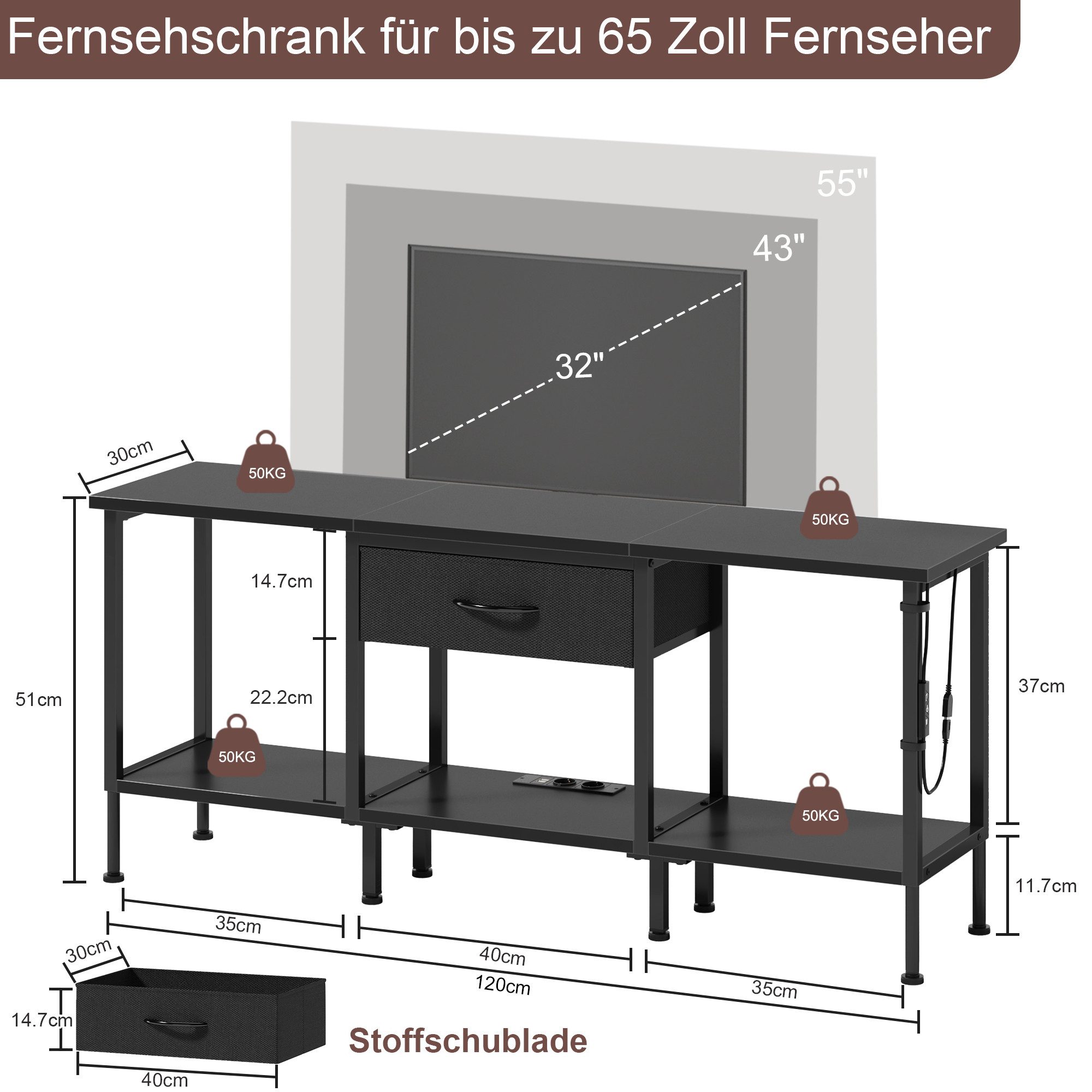OYRREU TV-Schrank 120cm, Fernsehschrank mit LED-Beleuchtung, Steckdosen & USB App-gesteuerte Mehrfarben-LED-Beleuchtung