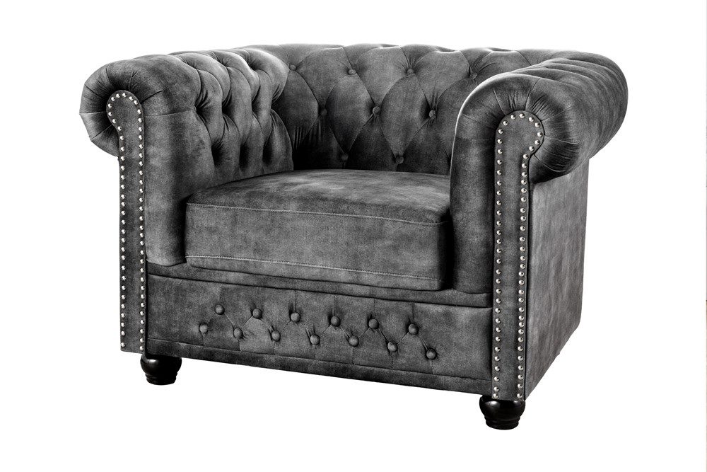 riess-ambiente Sessel CHESTERFIELD 110cm grau - Samt, Holz, m. Armlehne, Federkern, Nieten (Einzelartikel, 1-St), Gemütlicher Sitz mit Knopfheftung - ideal für Wohn- und Schlafzimmer