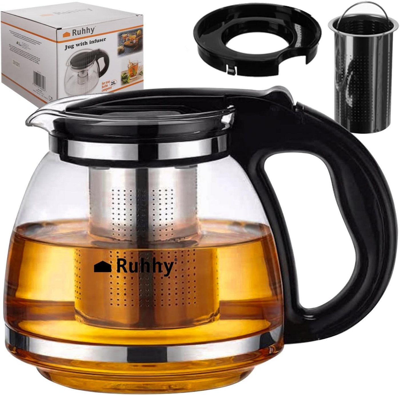 Ruhhy Teekanne Robuste Teekanne mit Feinmaschigem Siebeinsatz 2 Liter, 2 l