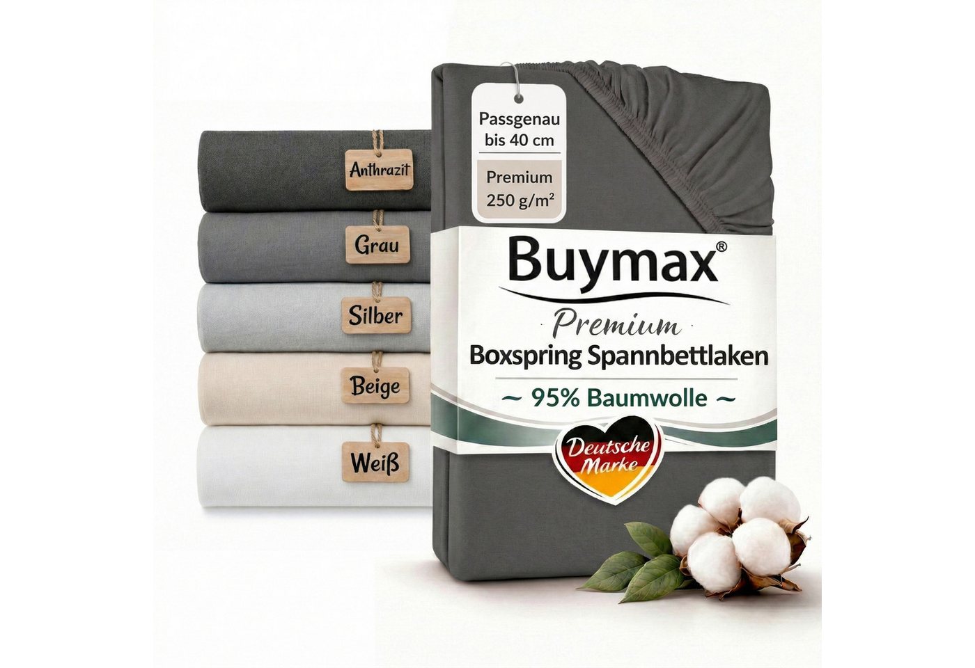 Buymax Spannbettlaken Premium Jersey für Boxspringbett, 95% Baumwolle, bis 35 cm, Jersey, Gummizug: Rundumgummi, (1 Stück), Premium Baumwolle Jersey 250g/m², weich & elastisch, bis 35cm Steghöhe