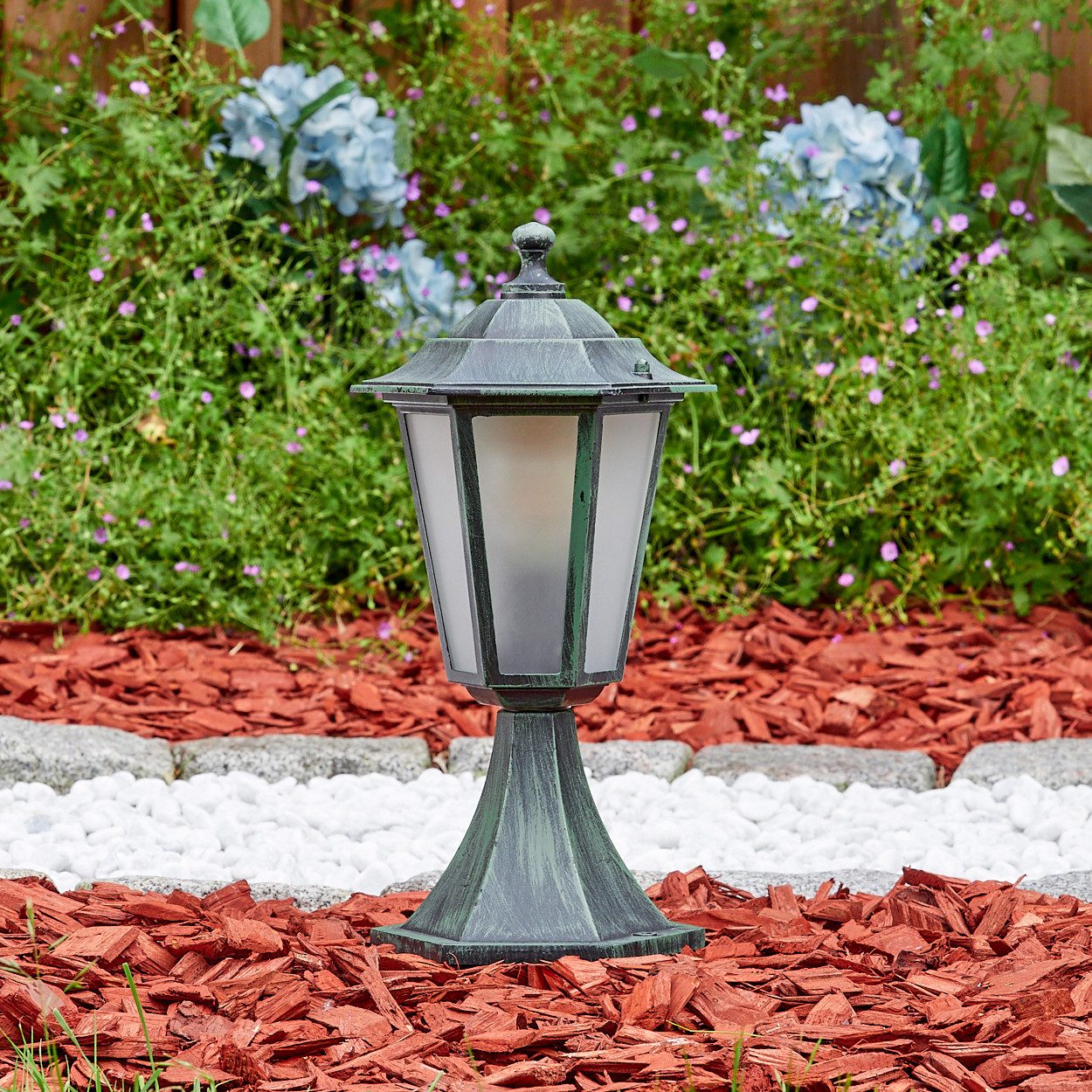 hofstein Pollerleuchte Sockelleuchte aus Metall/Glas in Schwarz-Grün/Milchglas, ohne Leuchtmittel, Wechselscheiben in Klar, Wegeleuchte, Gartenbeleuchtung IP44, 1 x E27