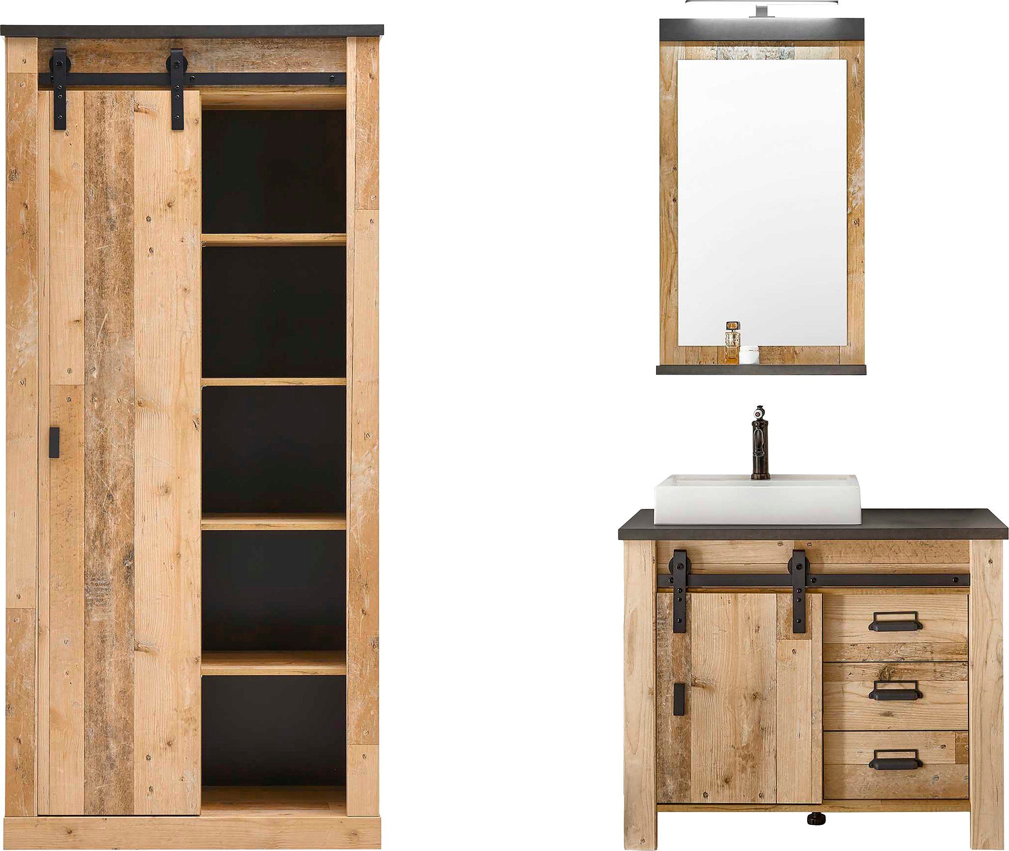 Home affaire Badmöbel-Set SHERWOOD, Bad im modernen Design, 3-teiliges Badezimmer, (3-St), in 2 Farben verfügbar, Scheunentorbeschlag & Apothekergriff aus Metall