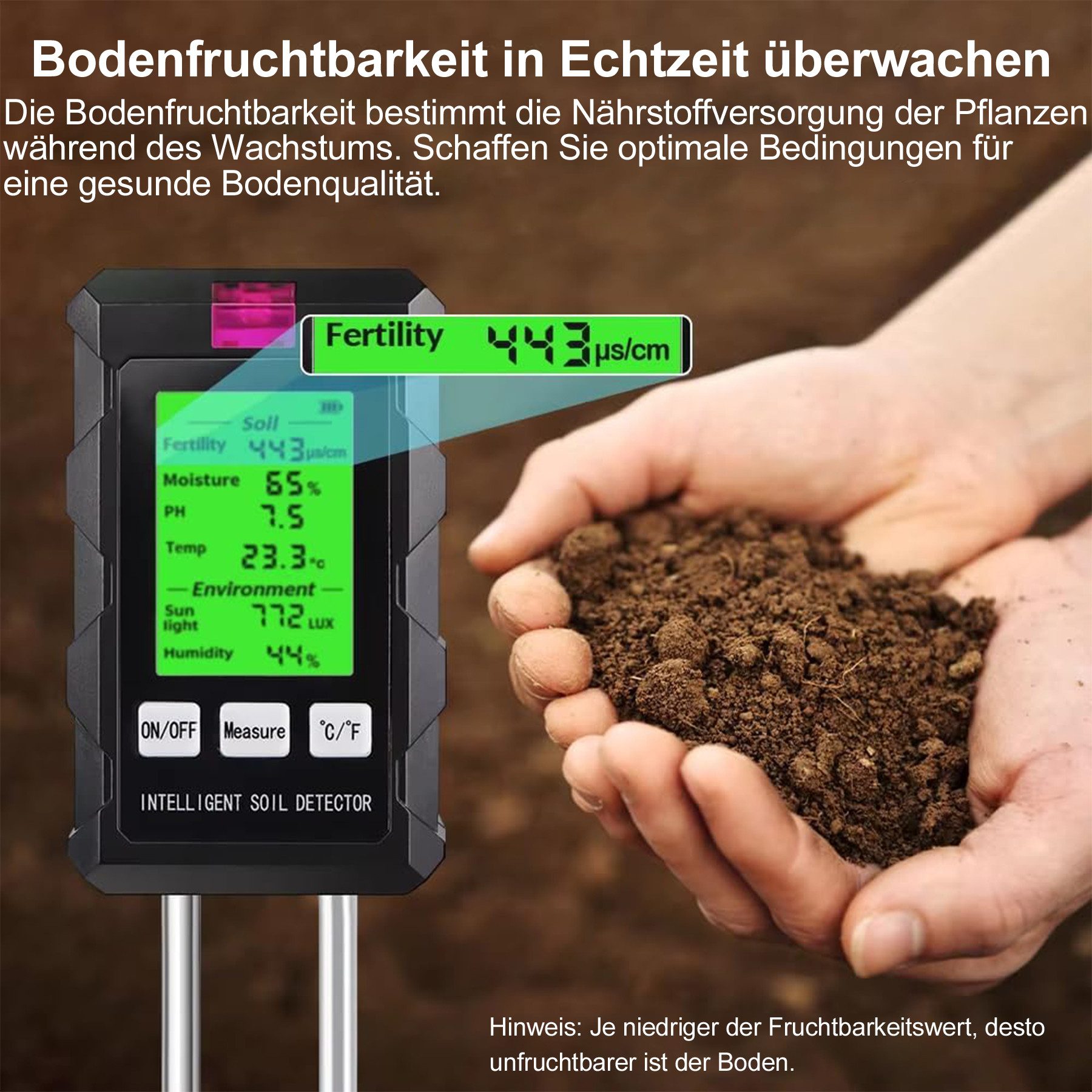 Senmudi Feuchtigkeitsmesser Bodenmessgerät 6-in-1 Bodentester Digital Bodentest Messgerät, (für pH Wert,Bodenfeuchtigkeit,Licht,Temperatur & Nährstoff,Soil Test – Bild 4 von 5