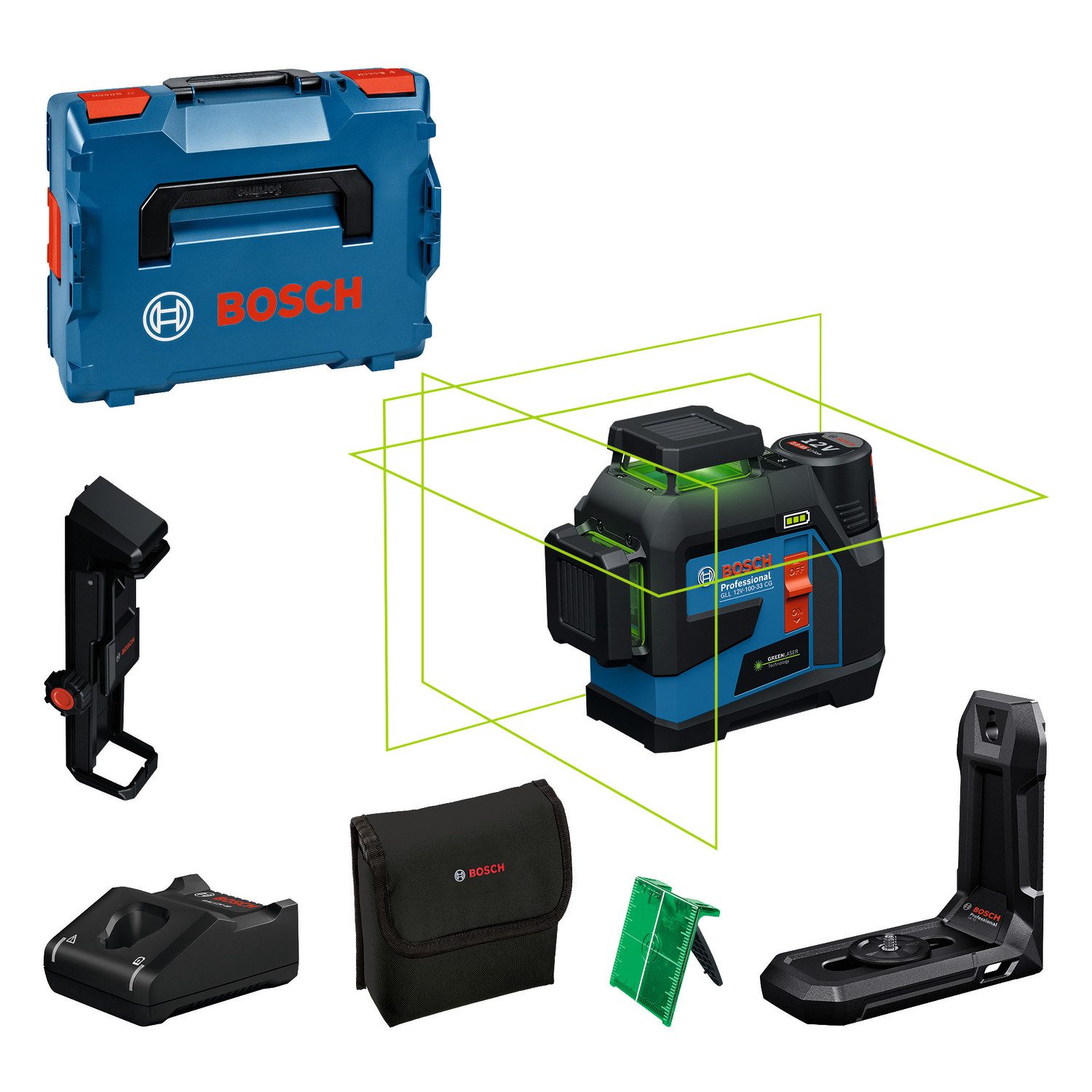 Bosch Professional Kreuzlinienlaser »GLL 12V-100-33 CG«, Inkl. 1x Akku GBA 12V 2.0Ah, in L-BOXX 136 und Universalhalter LB 10