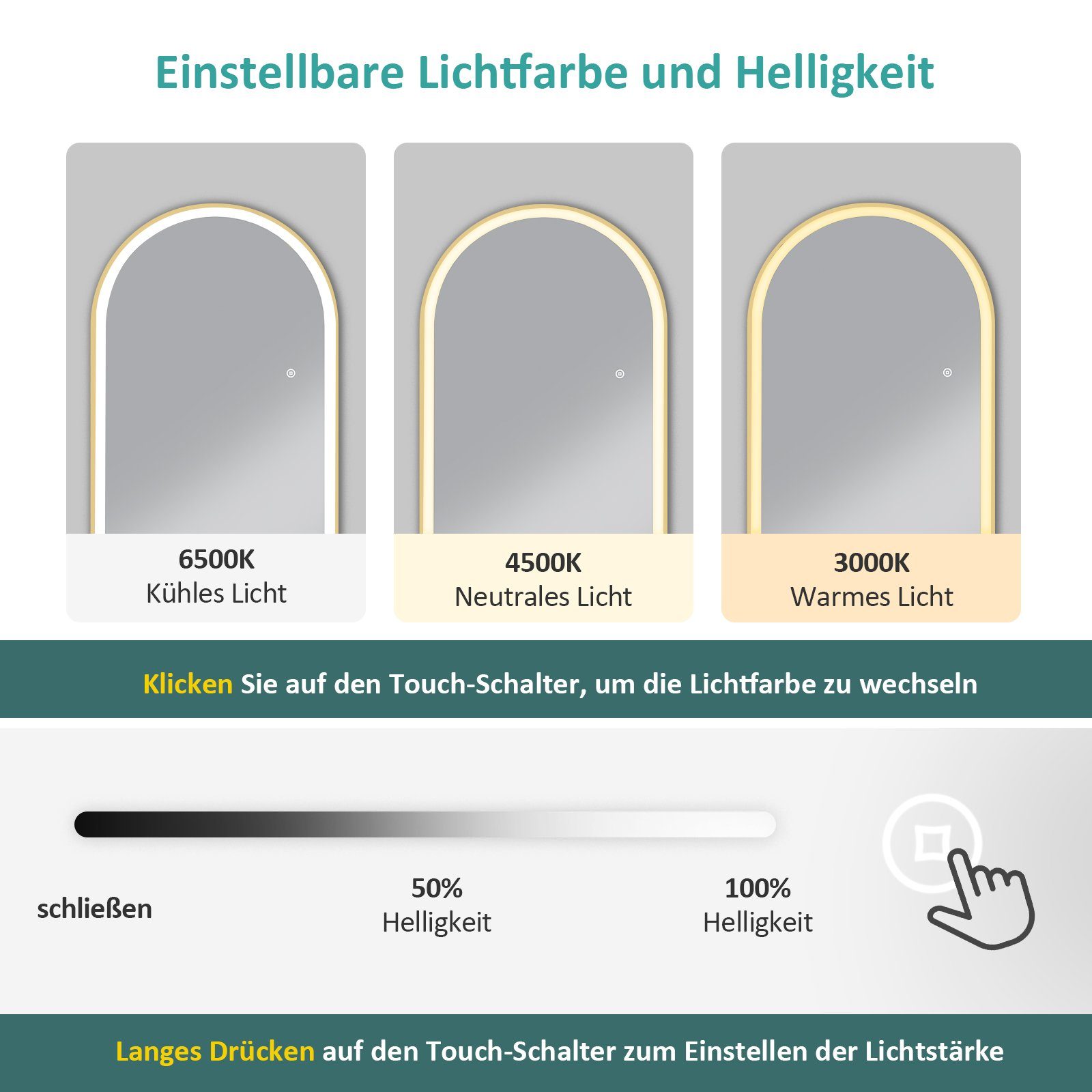 EMKE Standspiegel Bogen Standspiegel Ganzkörperspiegel mit Beleuchtung, 3 Lichtfarbe Einstellbar Dimmbar, mit Rahmen aus Aluminiumlegierung