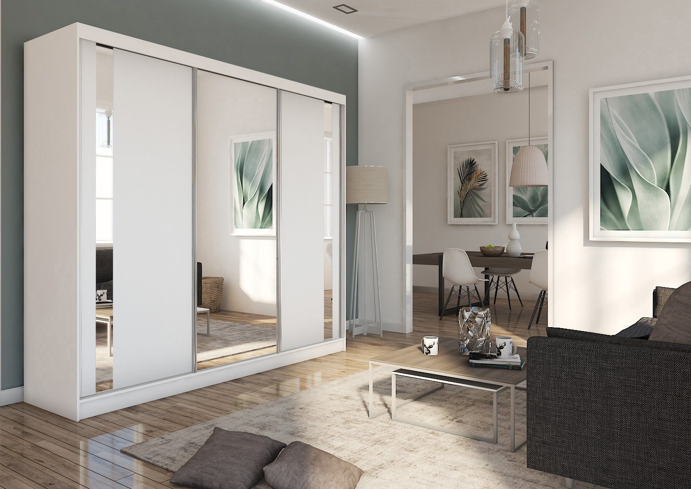Compleo Schwebetürenschrank SANDY mit Spiegel, 3-türig Schrank, Kleiderschrank, 240 cm, Garderobe – Bild 2 von 3