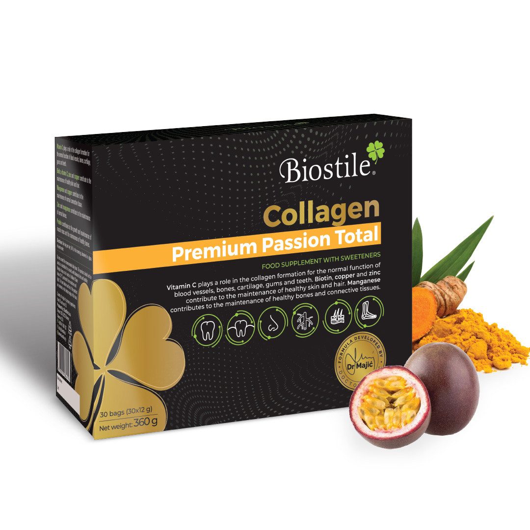 Biostile Premium Passion Total Kollagen Pulver mit Hyaluron und Shilajit - Kollagenpulver, 360 g, Mit Vitamin C, Biotin, Zink & Passionsfruchtgeschmack, 30 Beutel