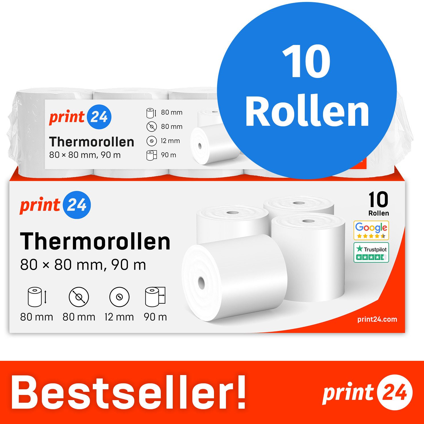 print24 Endlospapier Thermorollen, 80 x 80 x 12mm, 90m, PEFC, Für EPSON, IBM, u.v.m., PEFC-Zertifikat (GFA-PEFC-COC-500582)