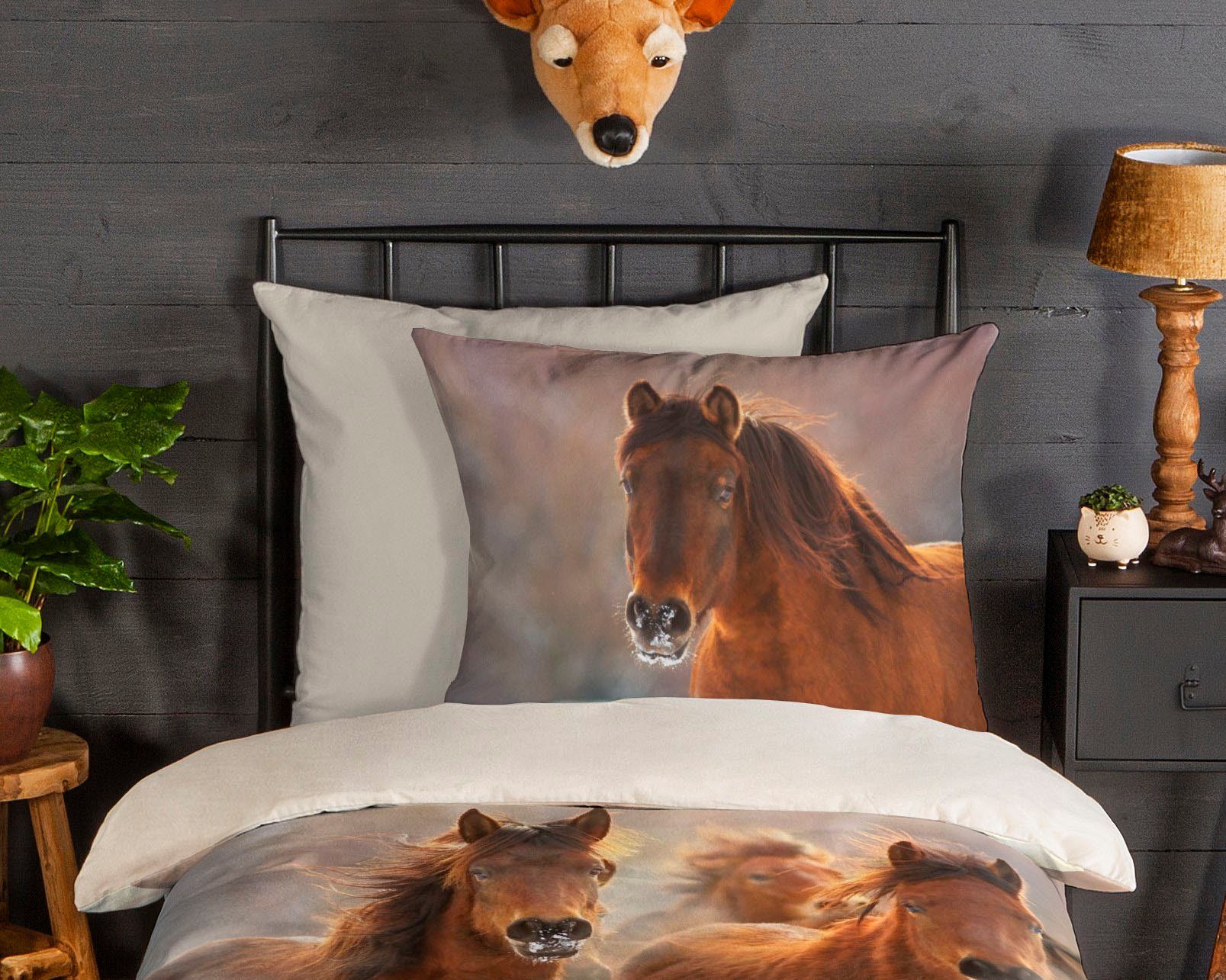 good morning Kinderbettwäsche Ponies, Biber, Flanell, 2 teilig, Biber, 135x200, Winter, Warm, Reißverschluss, Wendeoptik, Kind, Pferde