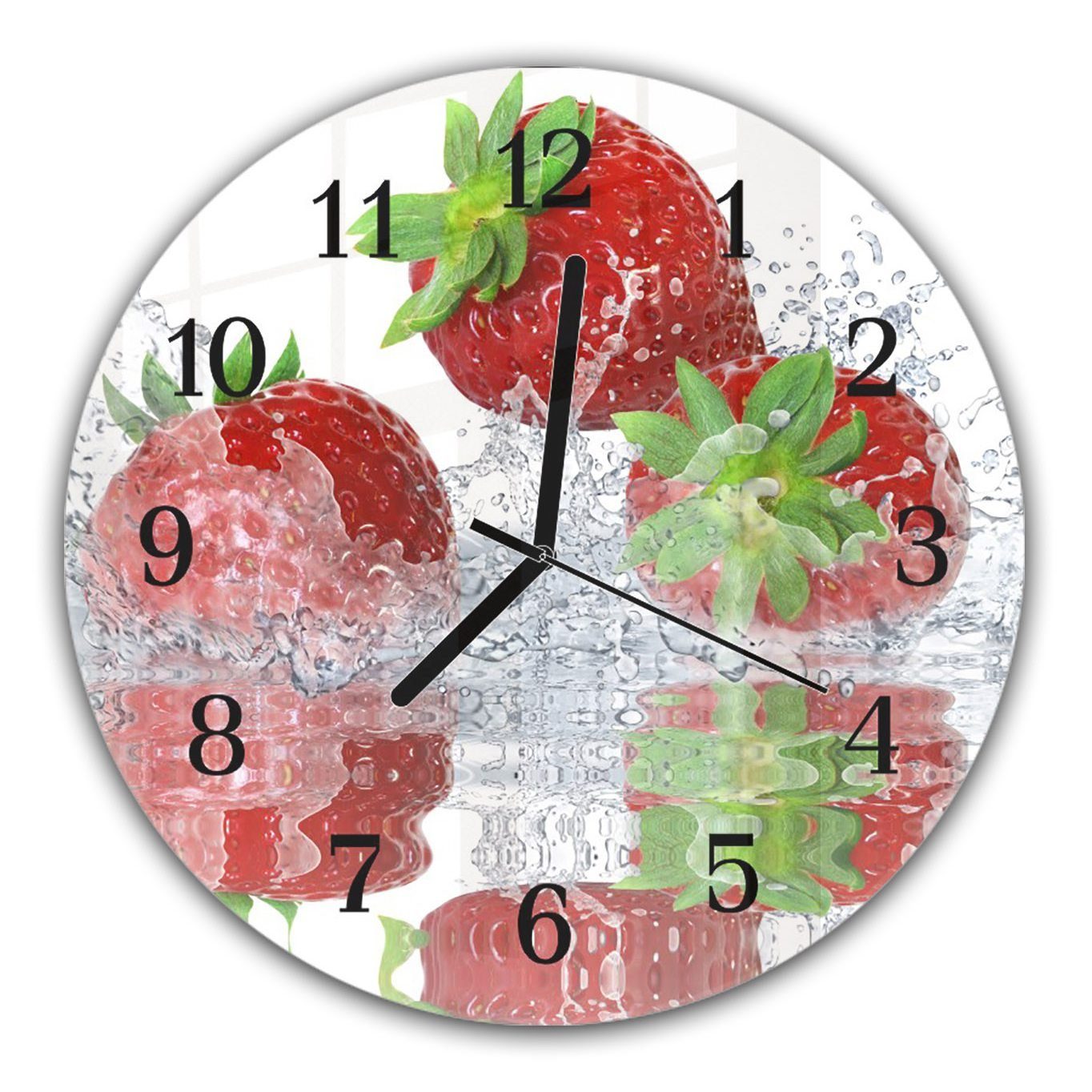 Primedeco Wanduhr Wanduhr aus Glas mit Motiv Erdbeeren in Wasser fallend - Rund mit Durchmesser 30 cm und Quarzuhrwerk