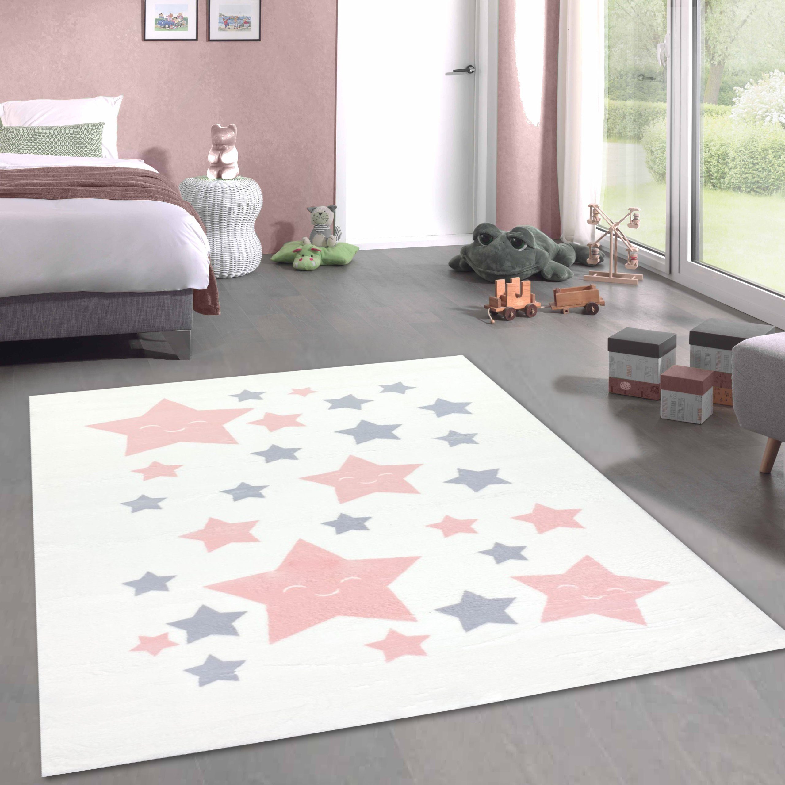 Kinderteppich Teppich flauschig Kinderzimmer Sterne pflegeleicht in weiß