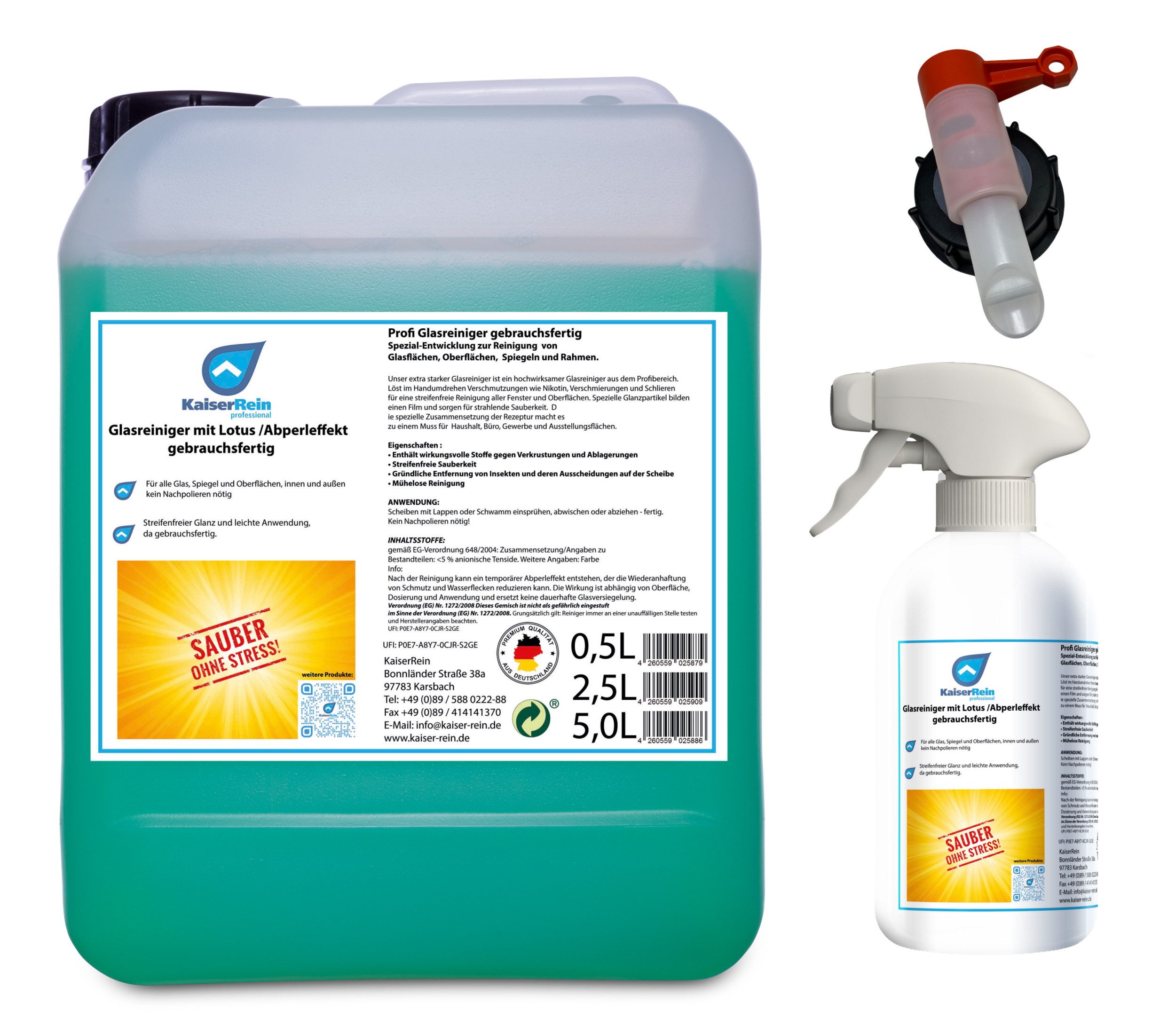 KaiserRein Profi Glasreiniger mit Lotuseffekt Spray Glasreiniger (Streifenfrei, schnelltrocknend, schmutzabweisend)