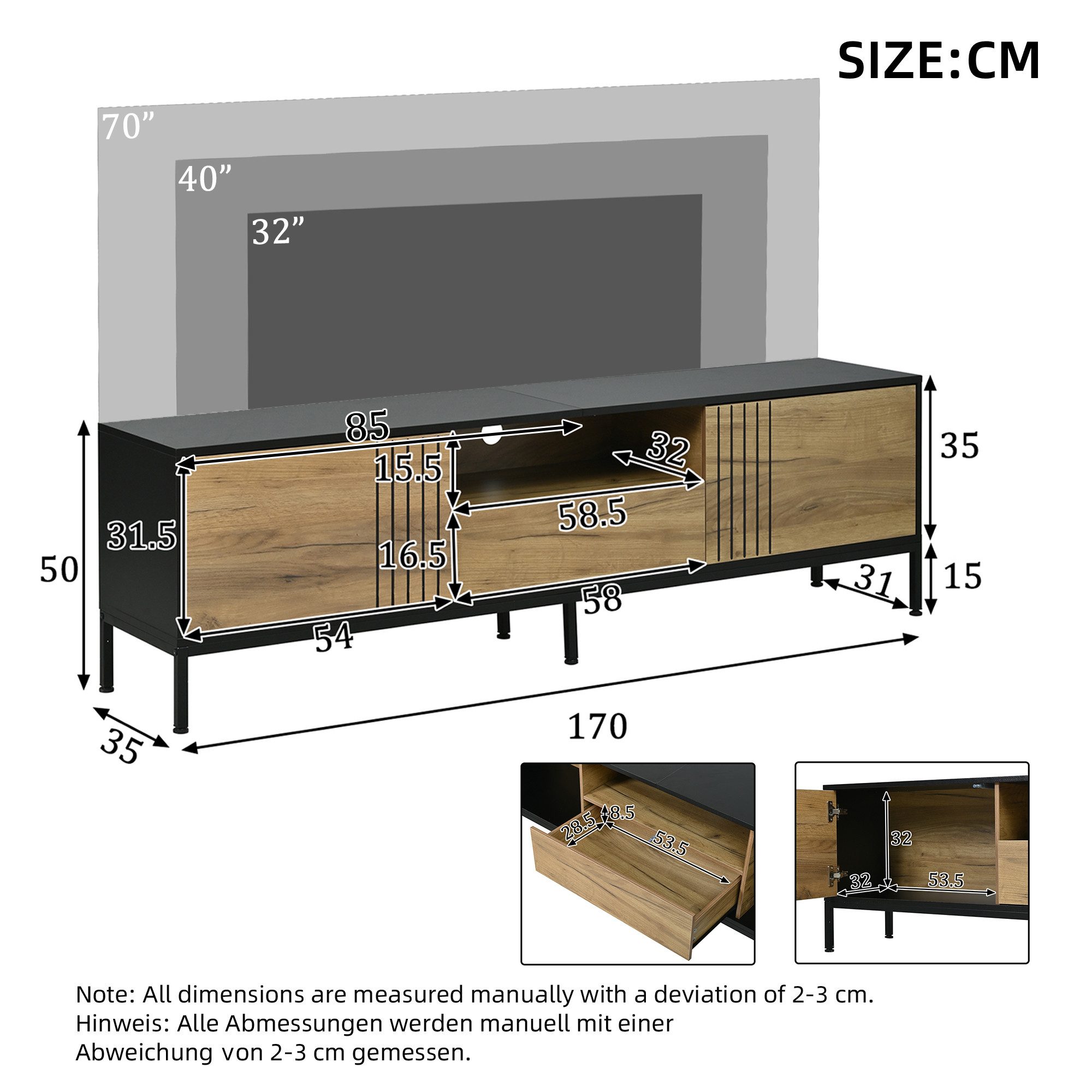 KLAM HOME Lowboard Eichenoptik TV Lowboard 170x35x50cm für Fernseher bis 70 Zoll (TV-Schrank mit 2 Schränken + 1 Schublade & offenen Fächern), Moderner Wohnzimmer TV-Ständer aus Spanplatte bis 45kg belastbar