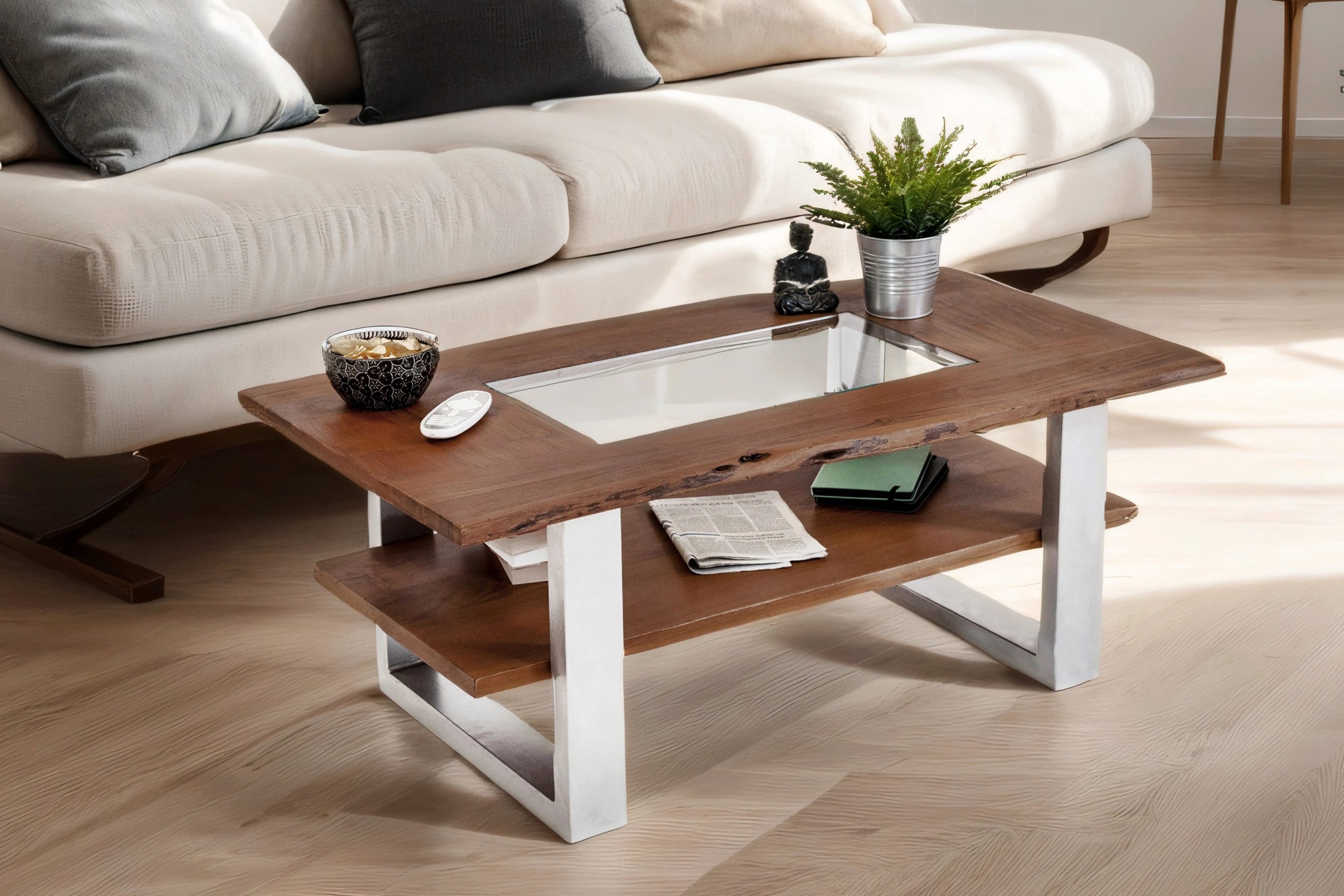Loreno® Couchtisch Patrick, Akazienholz, mit Glaseinsatz, günstig online kaufen