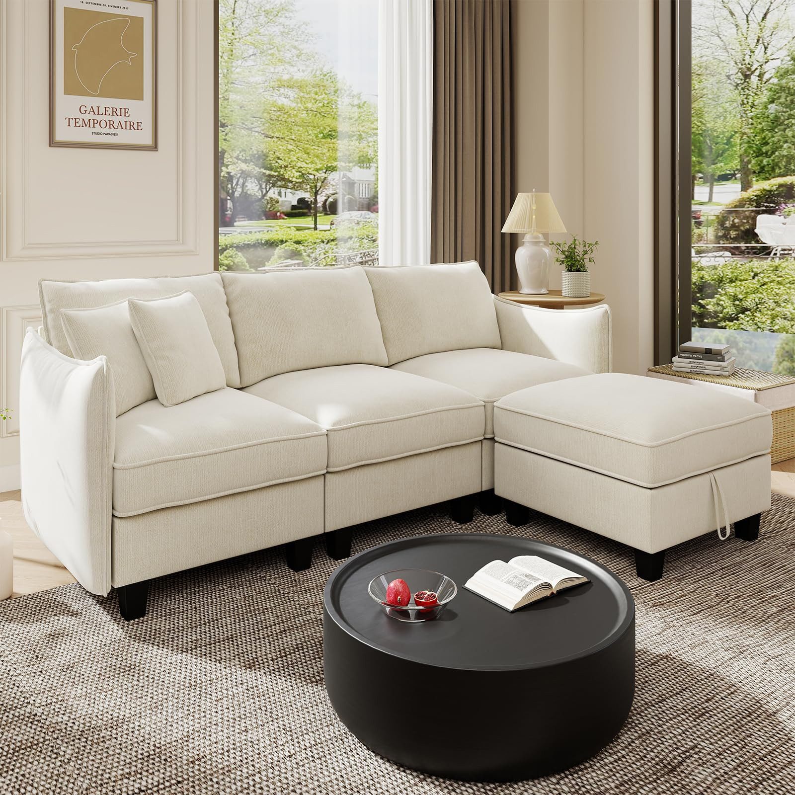 Urhanherry Sofa Modulares Sofa aus weichem Chenillestoff – perfekt fürs Wohnzimmer, 2 Teile, 4‑Sitzer Ecksofa mit Hocker und Stauraum