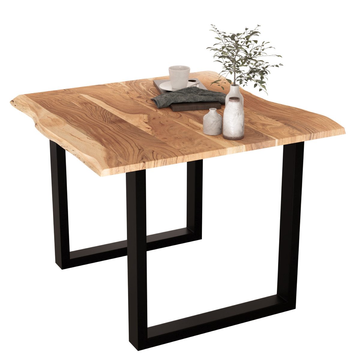Liadomo Baumkantentisch Hugo, Baumkantentisch, Esstisch, Massivholztisch, Esszimmertisch, mit Esstischplatte aus Akazie und Metallgestell in U-Form