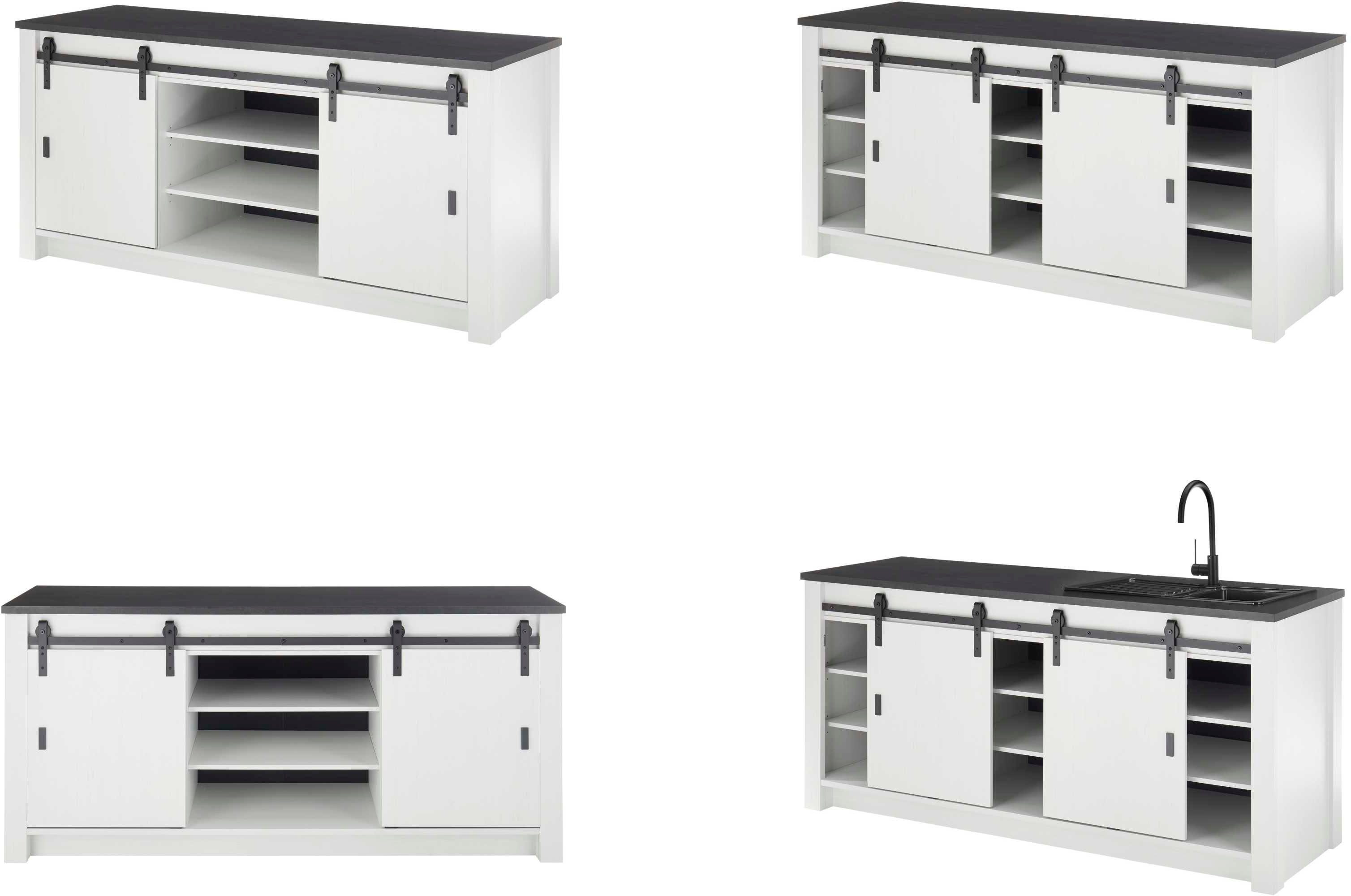 Home affaire Spülenschrank Sherwood Breite 201 cm, mit Scheunentorbeschlag aus Metall