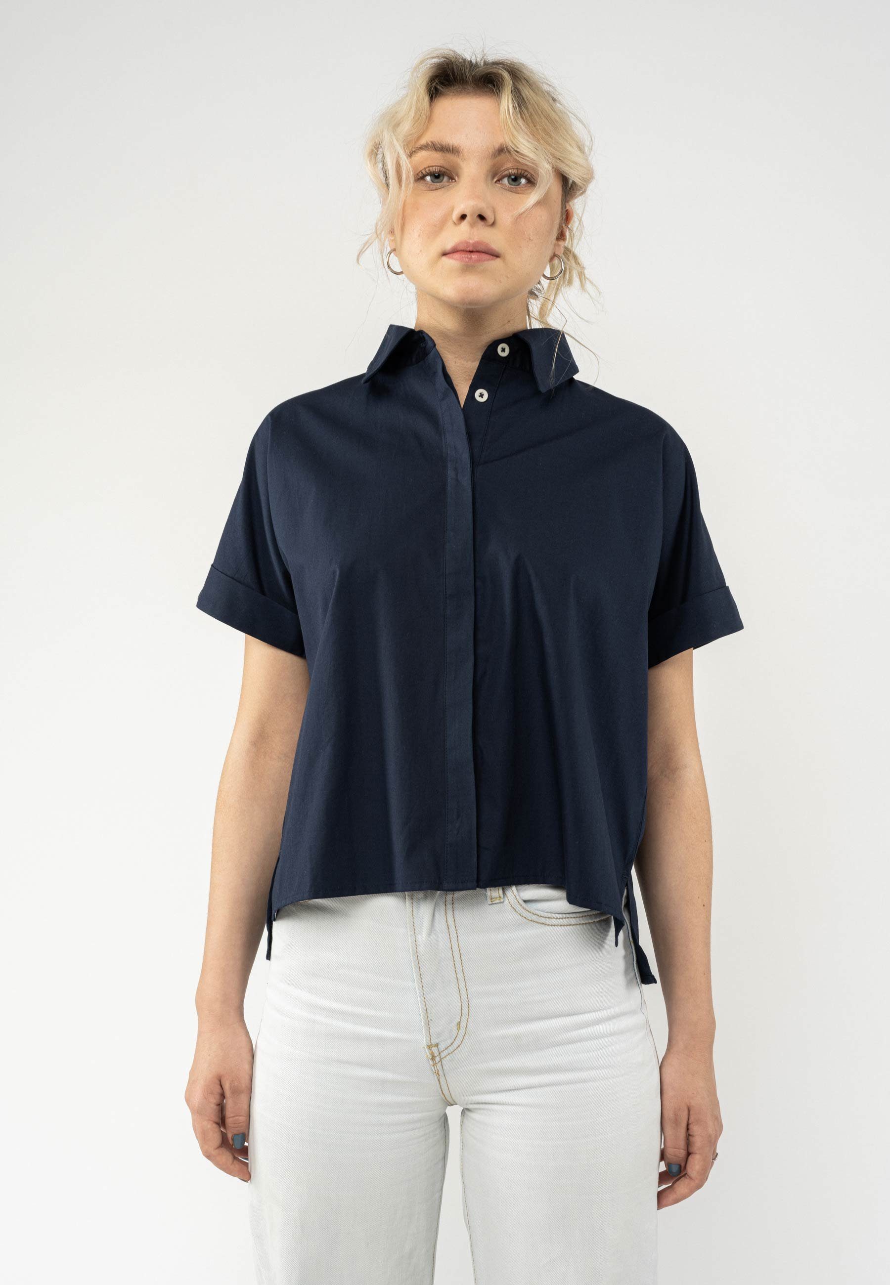 Kurzarmbluse MELA Verdeckte Knopfleiste navy Bluse NILAY