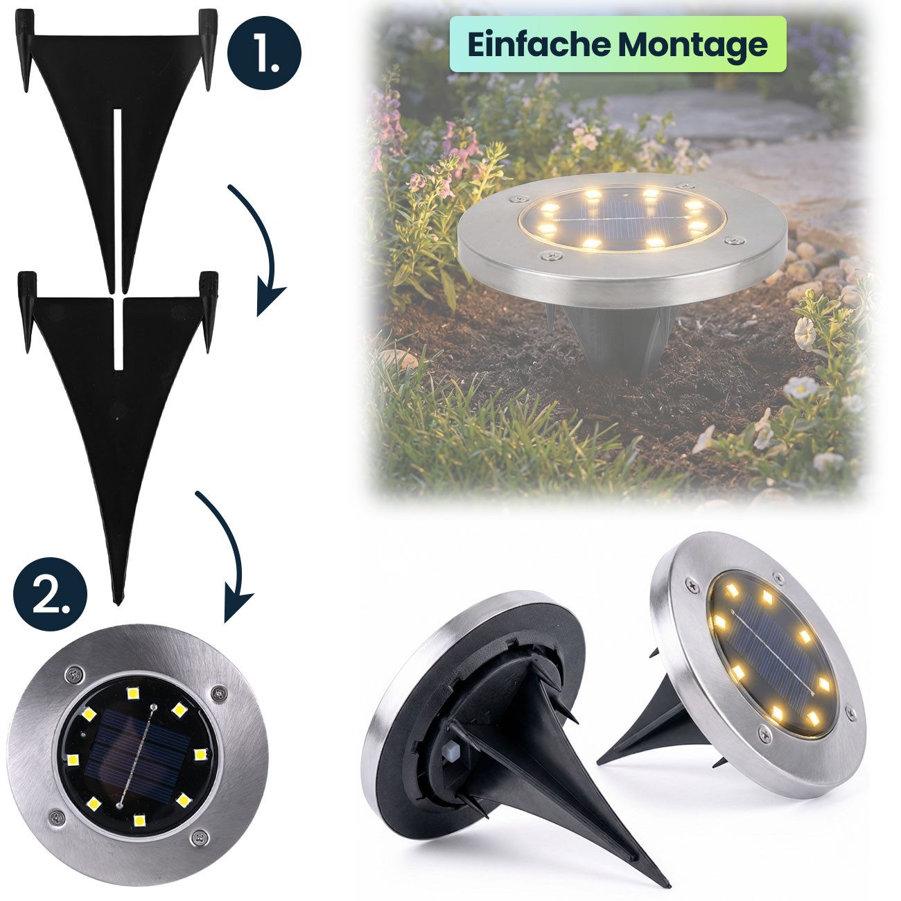 Casativo Gartenstrahler Solar-Bodenstrahler 200lm IP44 Erdspieß Garten-Außenleuchte Ø 11,5cm, LED fest integriert, 8-LEDs je Strahler, Wegleuchte, Dämmerungssen – Bild 5 von 5
