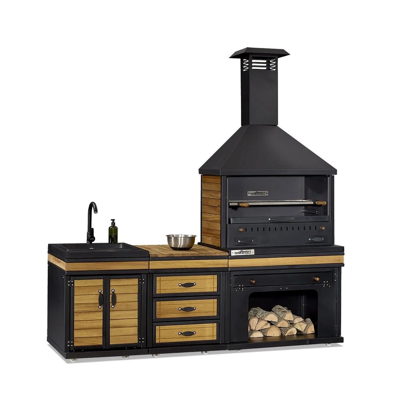 Xlmoebel Outdoor-Küche XLMOEBEL Außenküche aus Holz und Edelstahl in Schwarz-Braun, Made in Europa