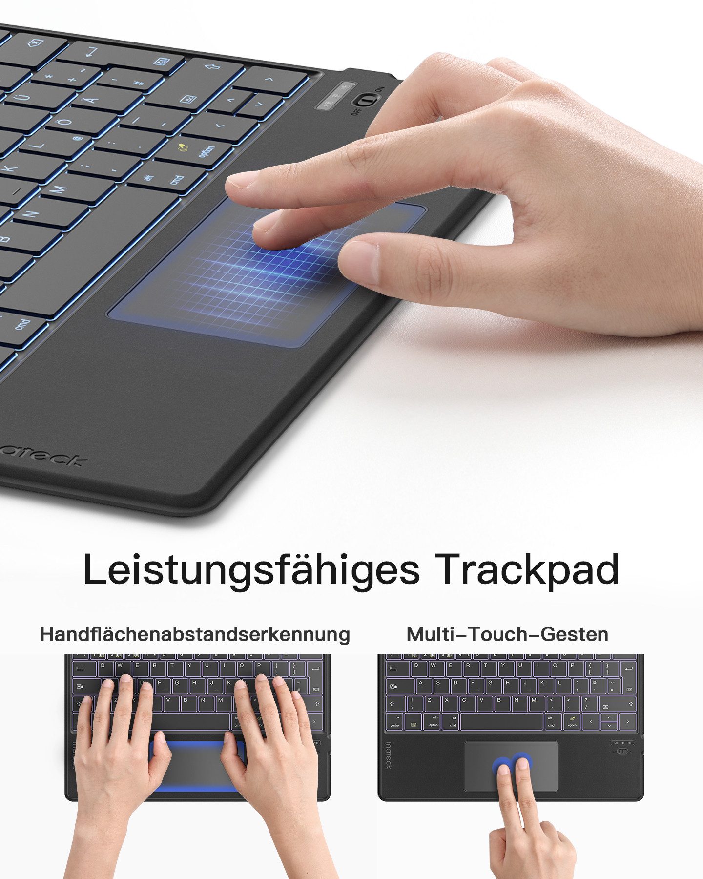 Inateck Bluethooth Tastatur mit Touchpad, mit 3 Bluetooth Kanälen, AI-Funktion Tablet-Tastatur (für Windows, iPad OS, Android, iOS)
