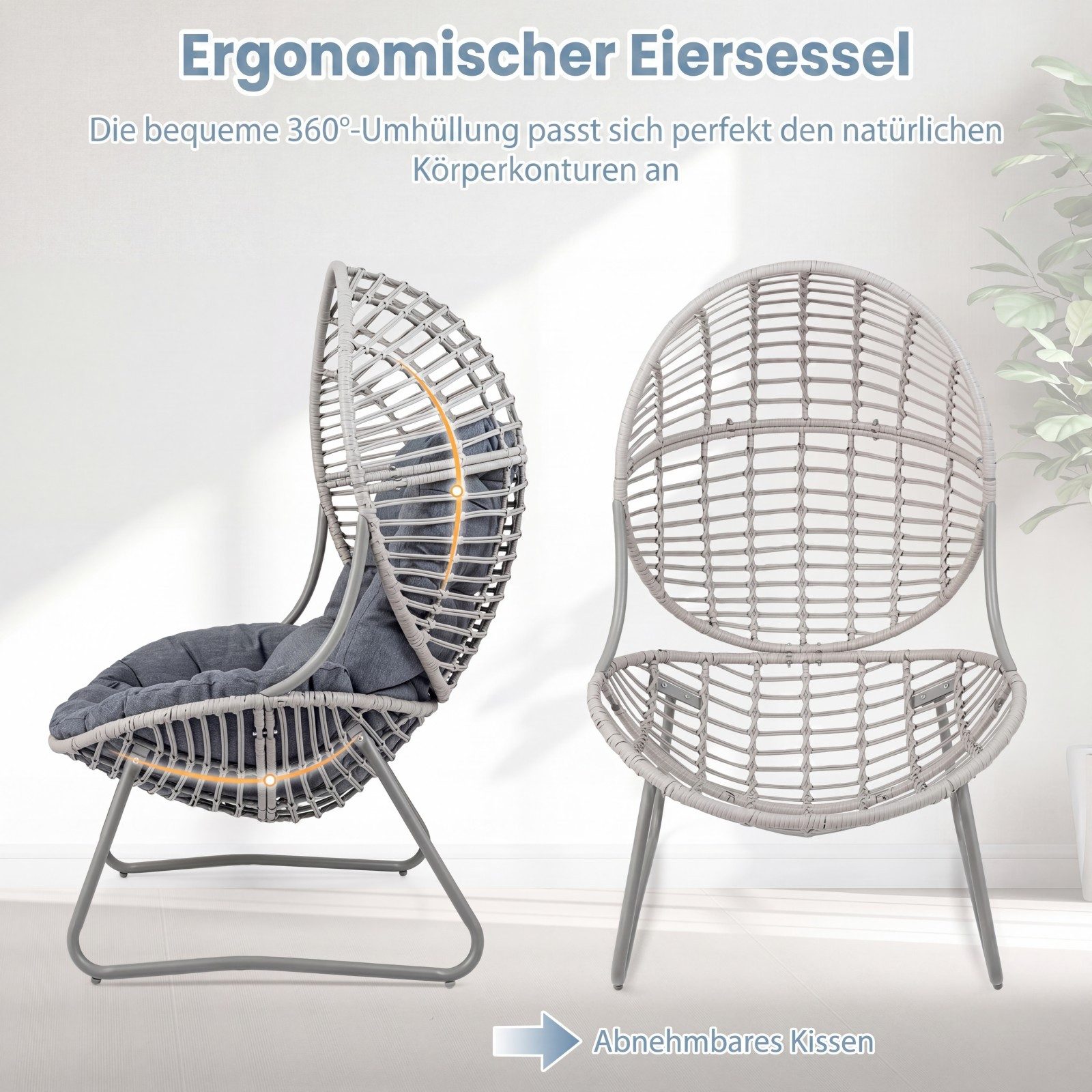 COSTWAY Hängesessel, Gartensessel mit Kissen und Metallgestell, Korbsessel
