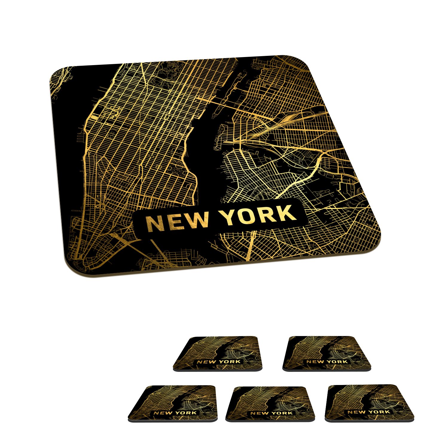 MuchoWow Glasuntersetzer New York - Karte - Gold, Zubehör für Gläser, 6-tlg., Glasuntersetzer, Tischuntersetzer, Korkuntersetzer, Untersetzer, Tasse