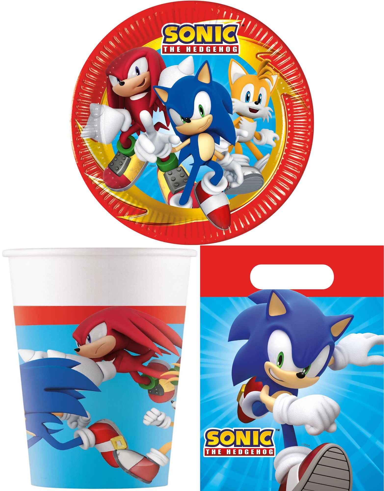 Procos Einweggeschirr-Set 24-tlg. Set Kindergeburtstag Party Feier Fete Deko Motto Sonic (24-tlg), 8 Personen