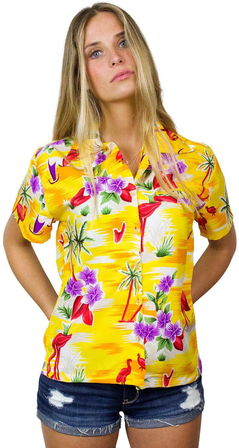 King Kameha Hawaiihemd Flamingos Funky Hawaiibluse Damen Kurzarm Front-Tasche Stylish