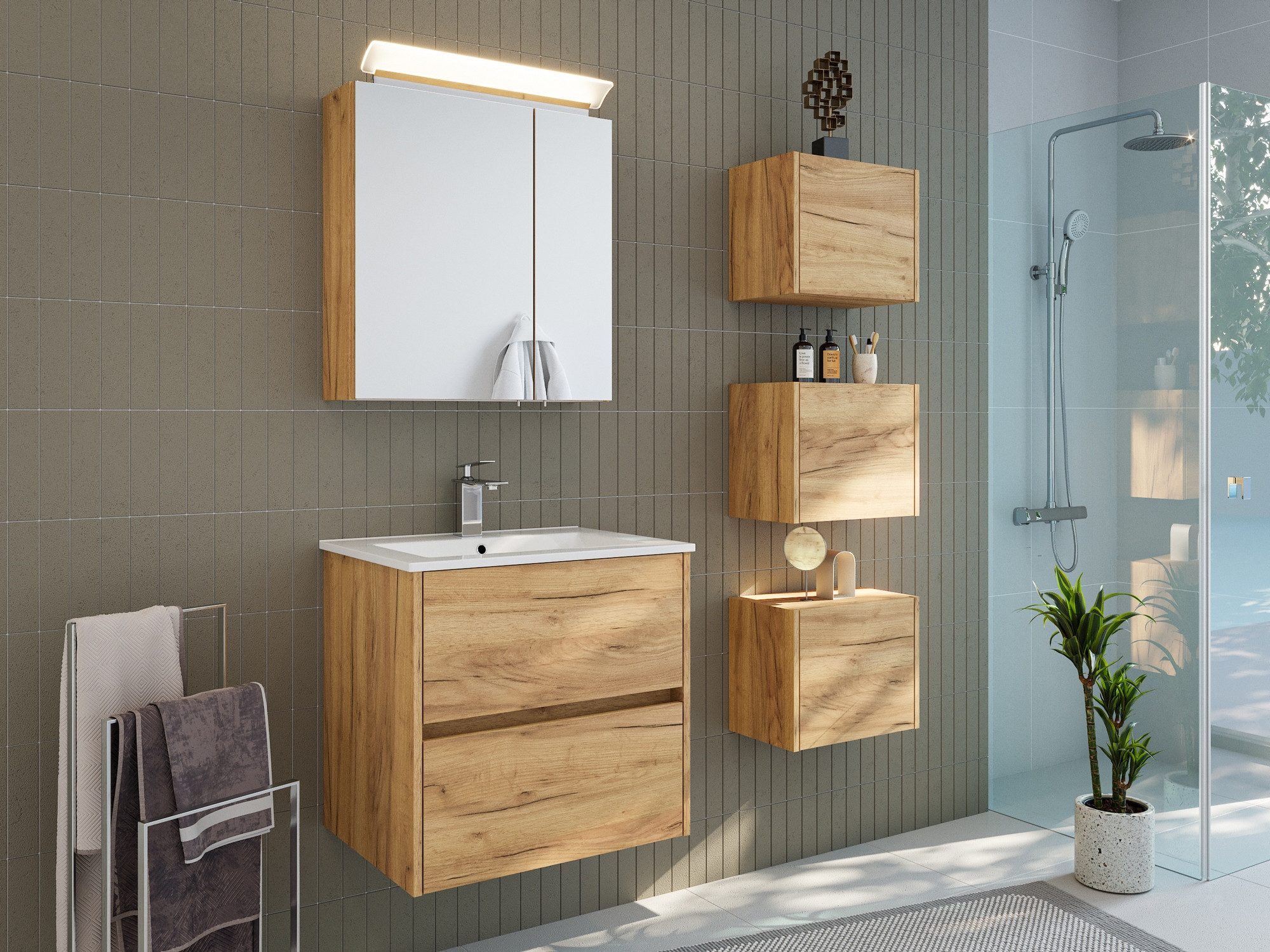 Posseik Badmöbel-Set Badmöbelset 5-teilig "Limes 60" Eiche Gold