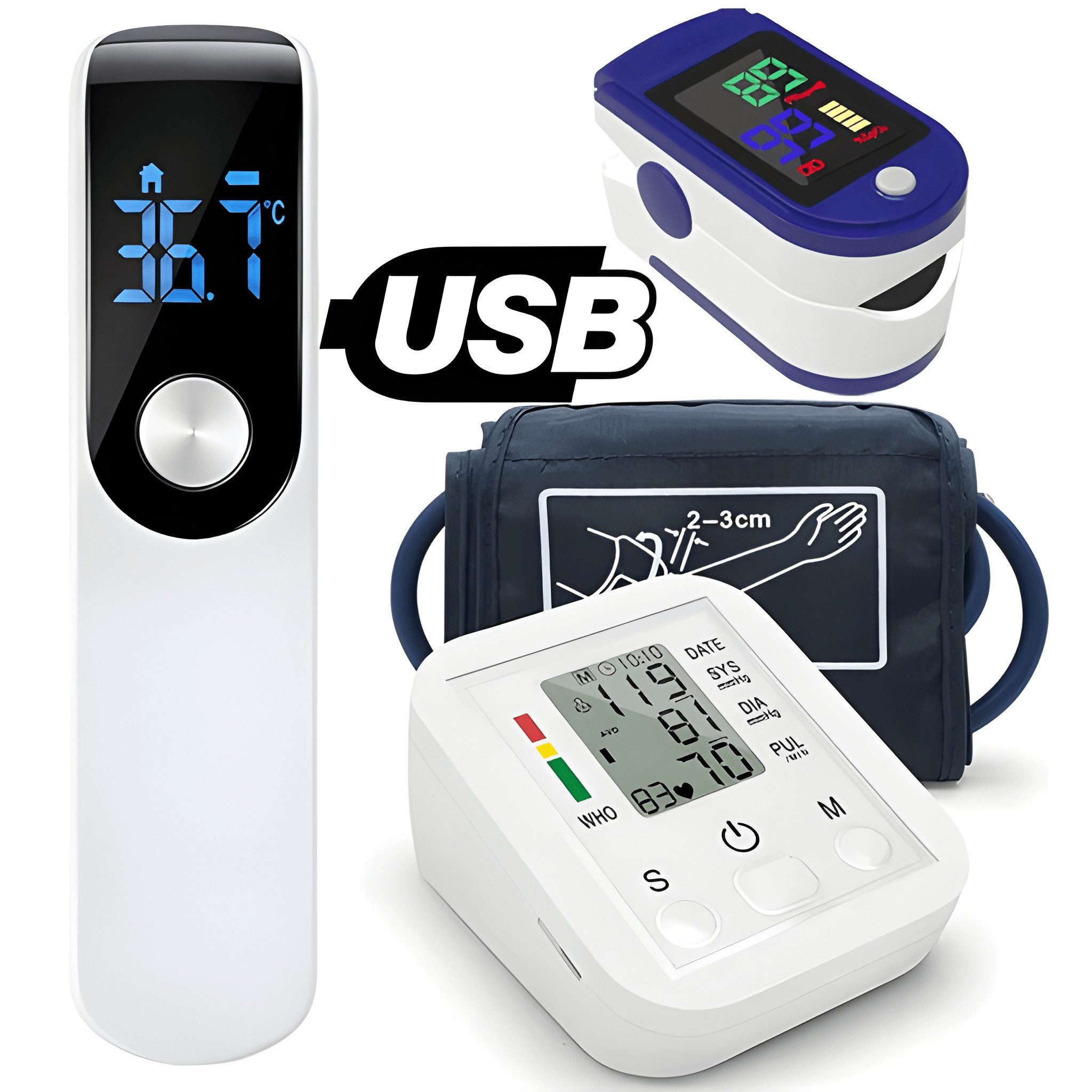 Athlix Blutdruckmessgerät 3 in 1 Blutdruckmessgerät Set, Pulsoximeter, Infrarot-Thermometer, 3er Set: Blutdruckmessgerät, Stirnthermometer, Pulsoximeter