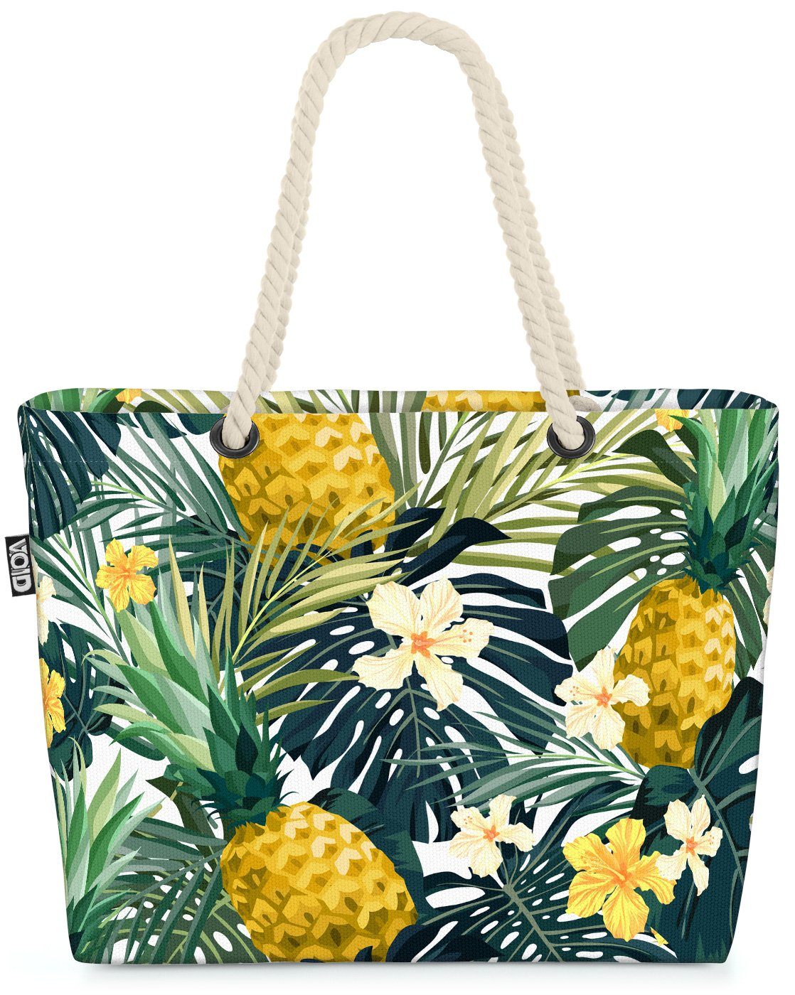 VOID Strandtasche (1-tlg), Ananas Blüten Beach Bag Tropen-Urlaub Südsee Insel Hawaii Blumen-Muster geblümt