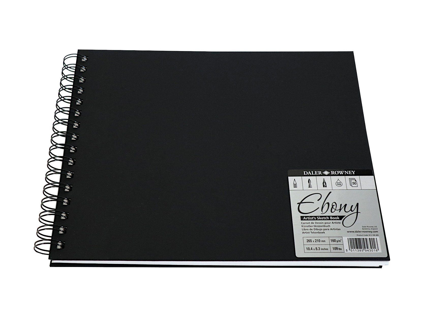 DALER ROWNEY Skizzenblock Ebony Skizzenbuch Spiral 50 Blatt - 160g/m² Querformat 26.5 x 21cm