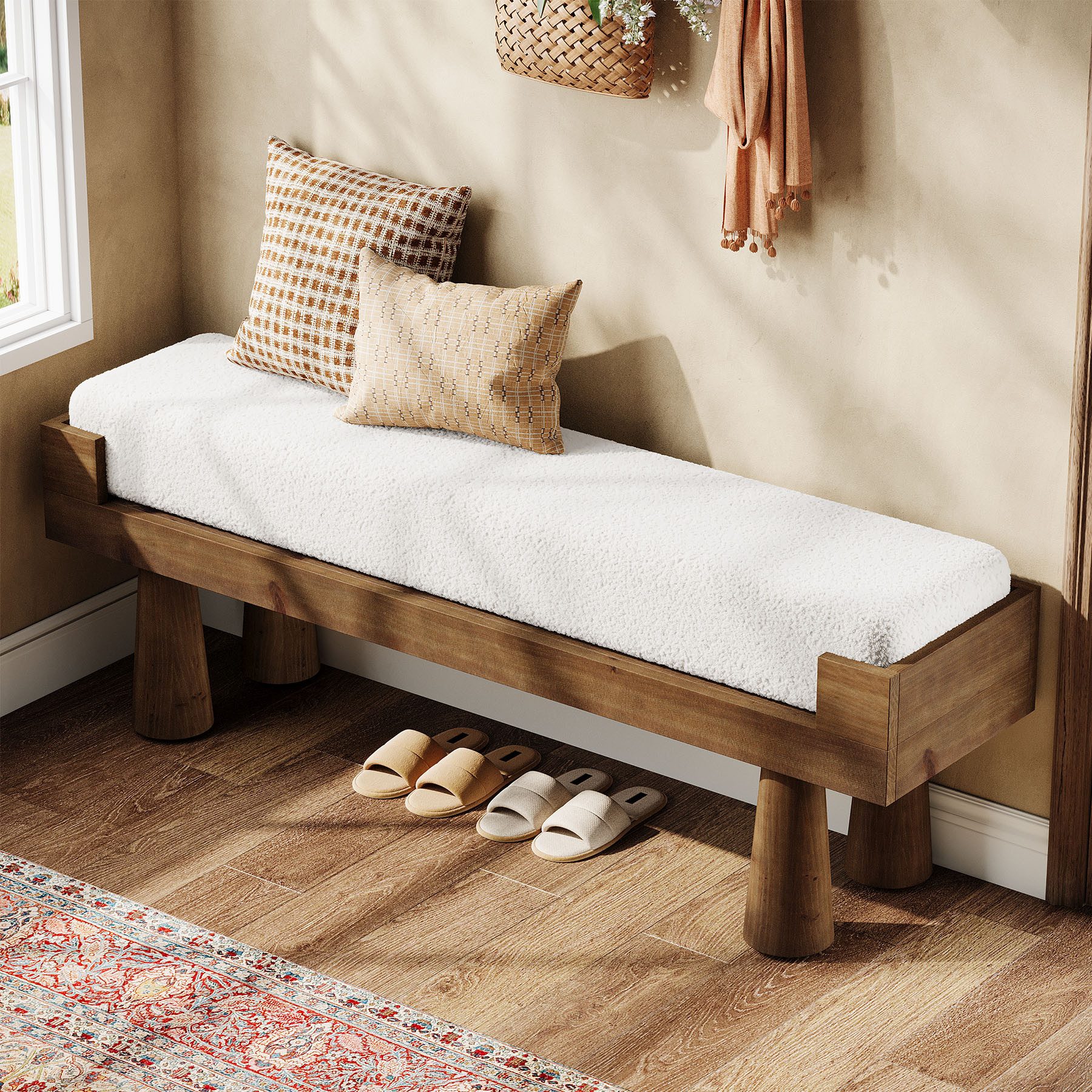Tribesigns Schuhbank 120 cm Gepolsterte Sitzbänke, Massivholzbank mit Massivholzbeinen (Bettbank für Schlafzimmer, für Wohnzimmer, Garderobe, Flur)