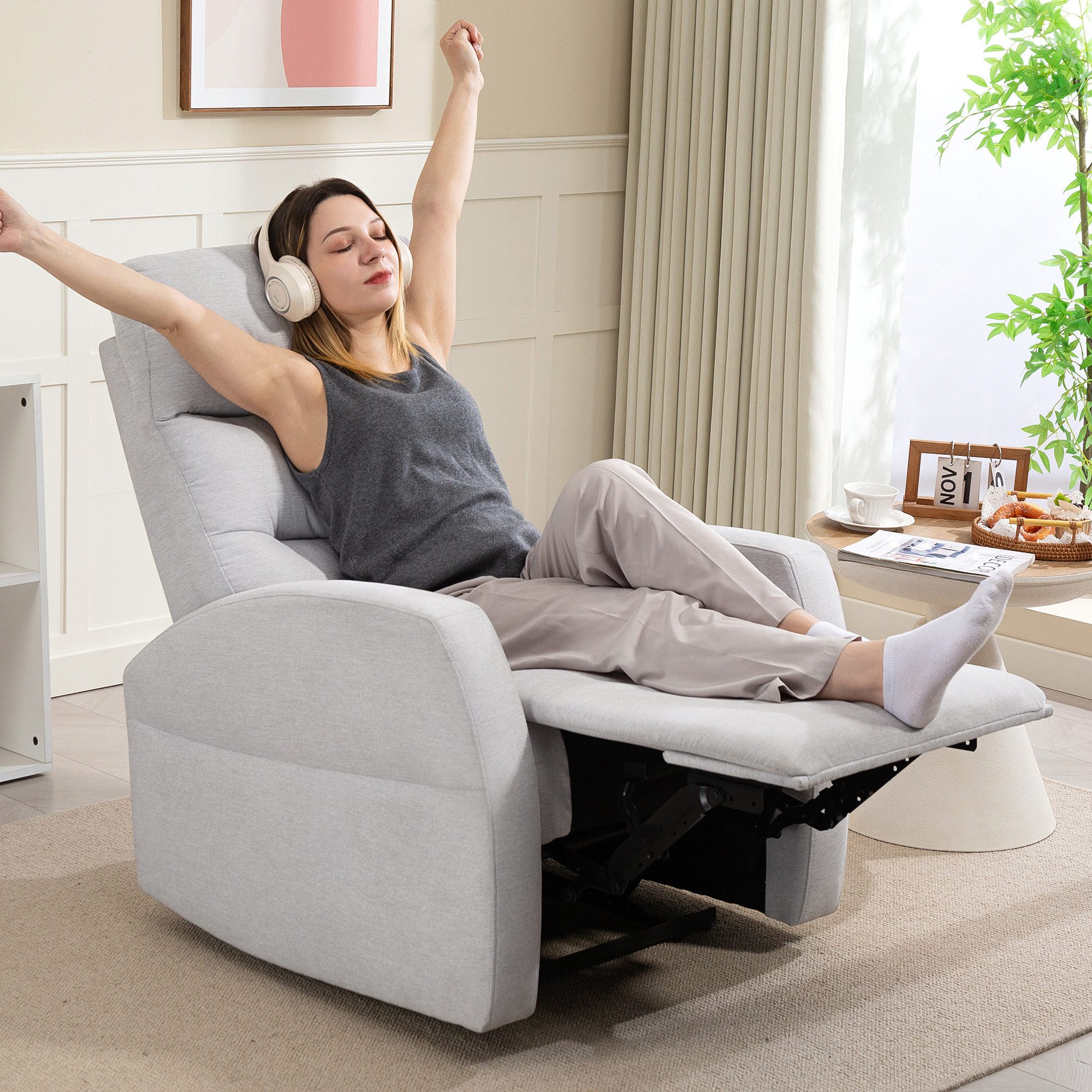 HOMCOM Relaxsessel Fernsehsessel, TV-Sessel mit Fußteil, Leinenoptik, bis 150 kg (moderner Polstersessel, 1-St., Verstellbarer Relaxsessel mit Fußstütze), für Wohnzimmer, Schlafzimmer, Hellgrau