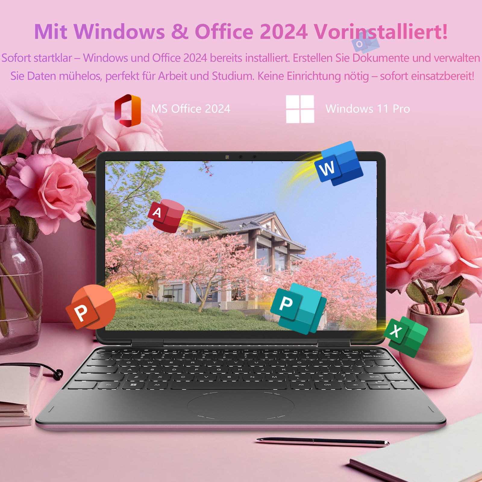 LONGEVINCE 2-in-1 Touchscreen Laptop 10,95", 16GB RAM Notebook (27,81 cm/10,95 Zoll, Intel, Intel Celeron N150, 16 GB, 476 GB SSD, 360° Flexibl, Windows 11 Pro + Office 2024)