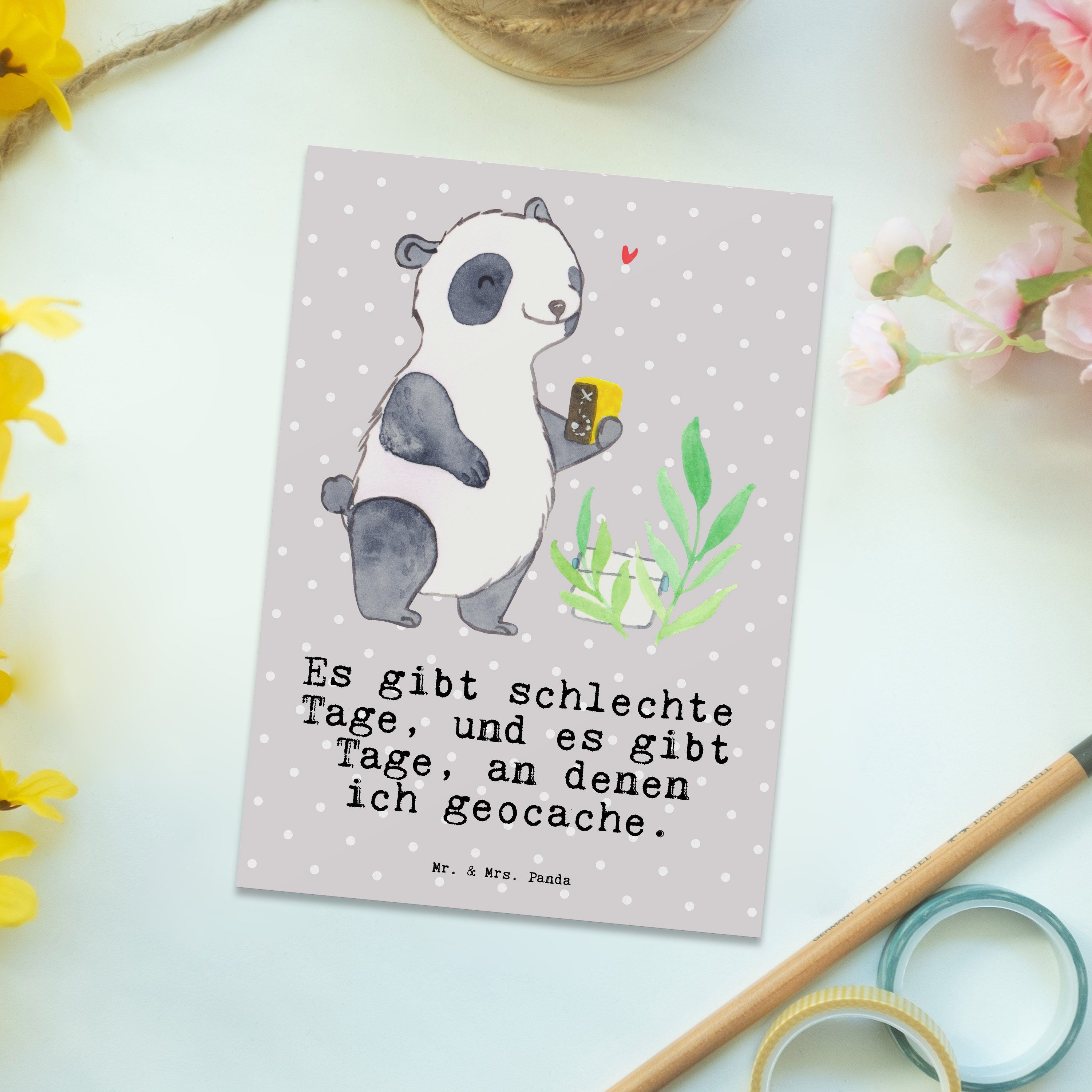 Mr. & Postkarte Pastell Geschenkk Panda Mrs. Geschenk, Grußkarte, Tage Geocaching - Panda - Grau