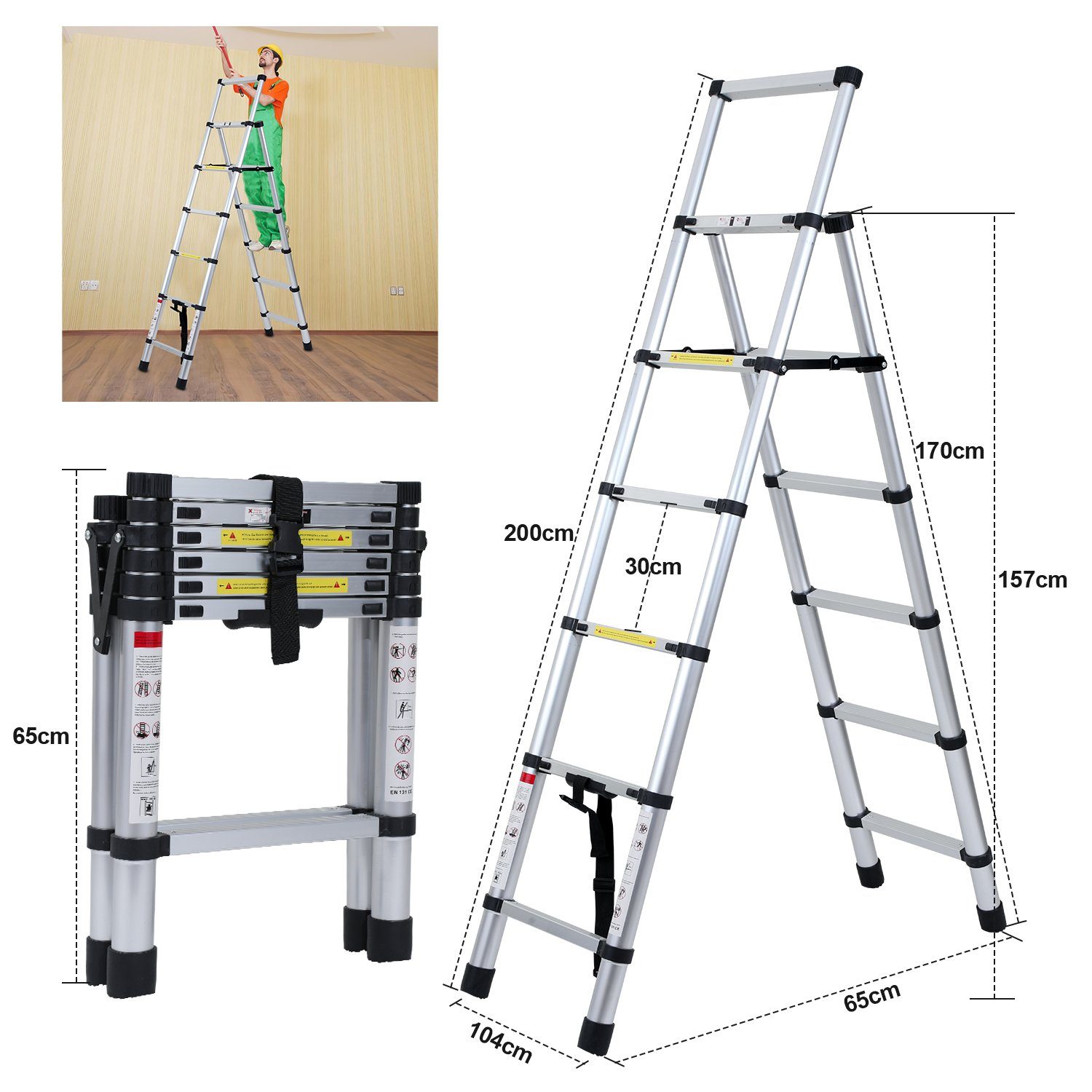 Alu Sibler Lospitch Ausziehleiter haken Teleskopleiter Teleskopleiter 1.7+2.0m mit Teleskopleiter 2.6m-5m