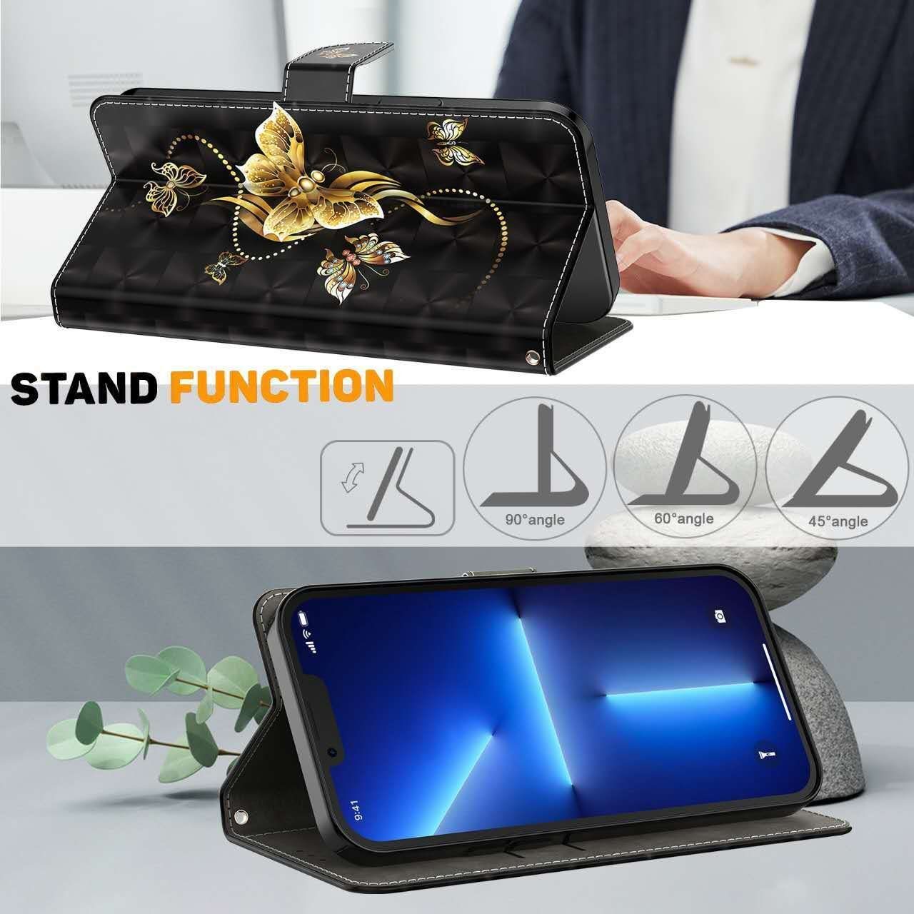 CLM-Tech Handytasche für Xiaomi Redmi Note 15 5G Klapphülle aus PU Leder (goldene Schmetterlinge schwarz, 1-tlg., Flip Case), Magnetverschluss, Standfunktion un – Bild 5 von 5