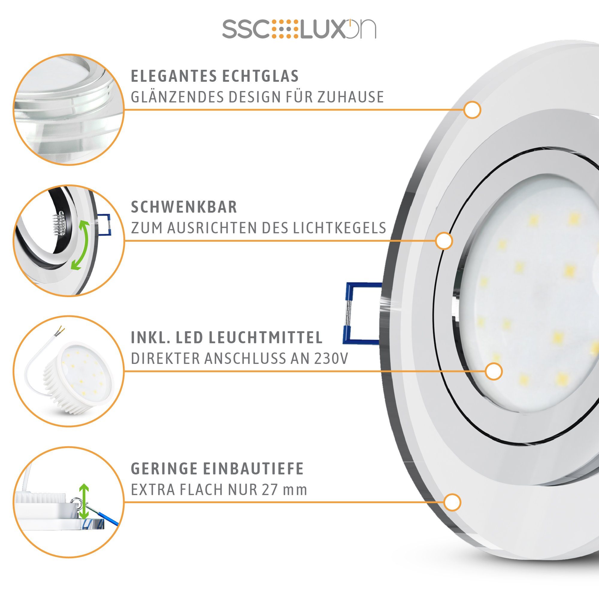 SSC-LUXon LED Einbaustrahler LED mit Neutralweiß klar schwenkbar Modul Flacher rund Glas Einbauspot LED neutral