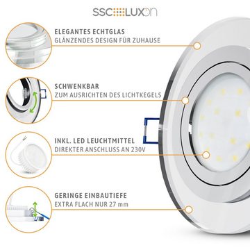 SSC-LUXon LED Einbaustrahler Flache Glas LED Einbauleuchte schwenkbar & dimmbar rund mit LED Modul, Warmweiß