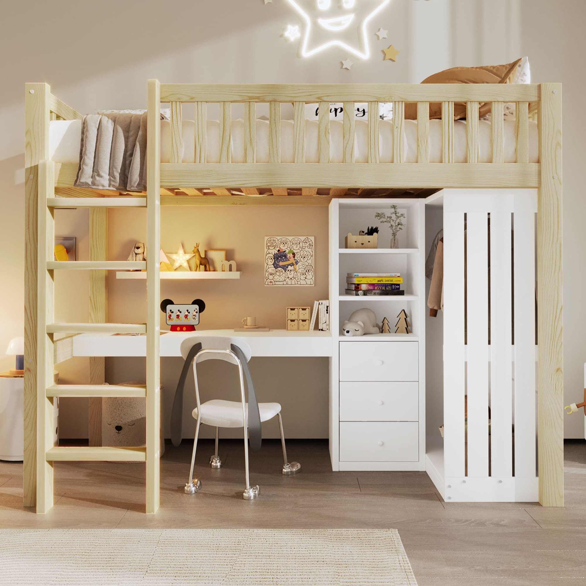Ulife Hochbett Hochbett mit Schreibtisch, Schrank & Schubladen (Natur)