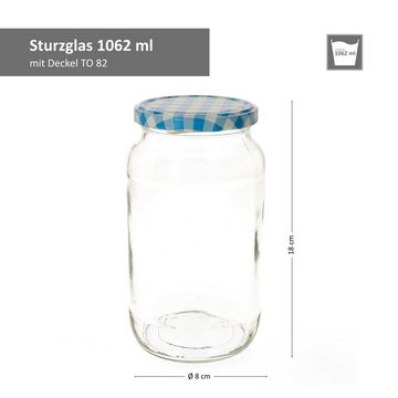 MamboCat Einmachglas 6er Set Rundglas 1062 ml To 82 blau karierter Deckel incl. Rezeptheft, Glas
