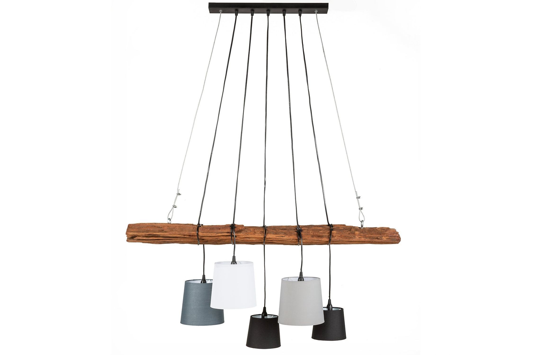Licht-Erlebnisse Pendelleuchte DJERE, ohne Leuchtmittel, Balken Treibholz 115 cm lang Handarbeit Stoffschirme für 5x E27