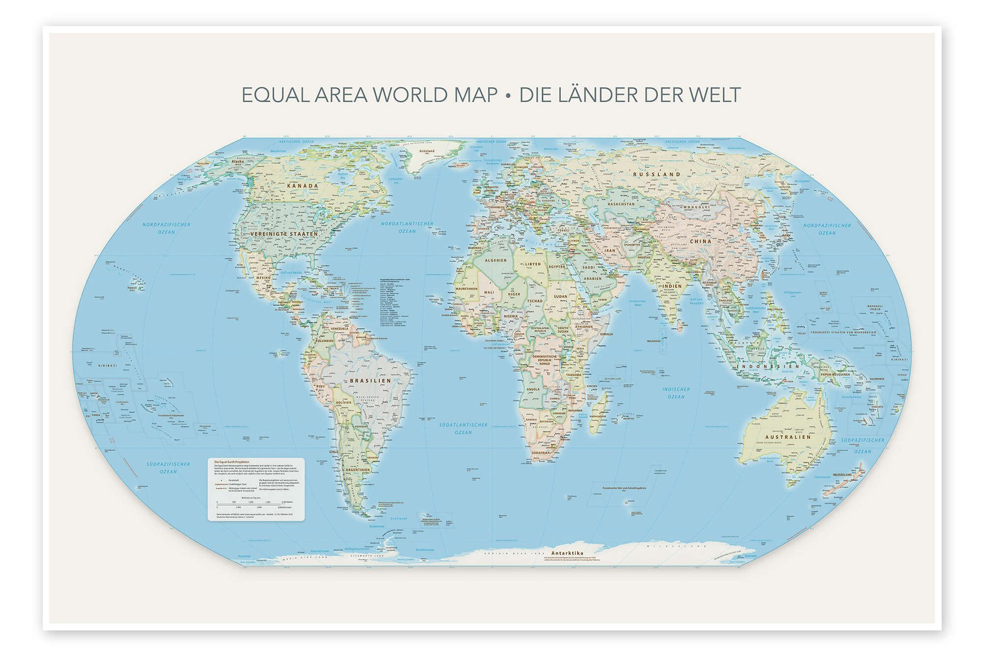 Posterlounge Wandbild Equal Area World Map, Länder der Welt, Editors Choice, erhältlich als Poster, Leinwandbild, Wandsticker oder Acrylglasbild