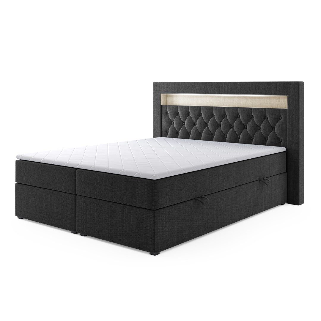 M-Punkt24 Boxspringbett Boxspringbett Paris 180x200cm Grau Schwarz Bettkasten LED H3 (Liegefläche 180 x 200 cm), inkl. Bettkästen und Topper, Kopfteil mit LED